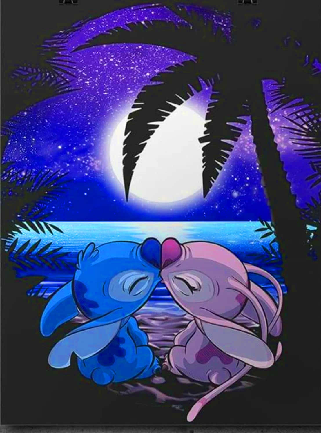 Galaxy Stitch And Angel, starry purple moonlit sky, palm trees, HD Phone Wallpaper