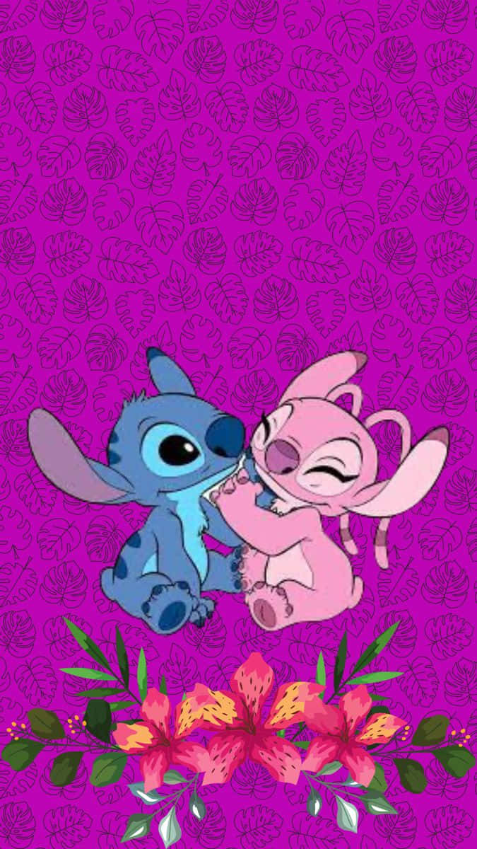 Stitch, angel, vibrant purple monstera leaf patterned background, SD Phone Wallpaper