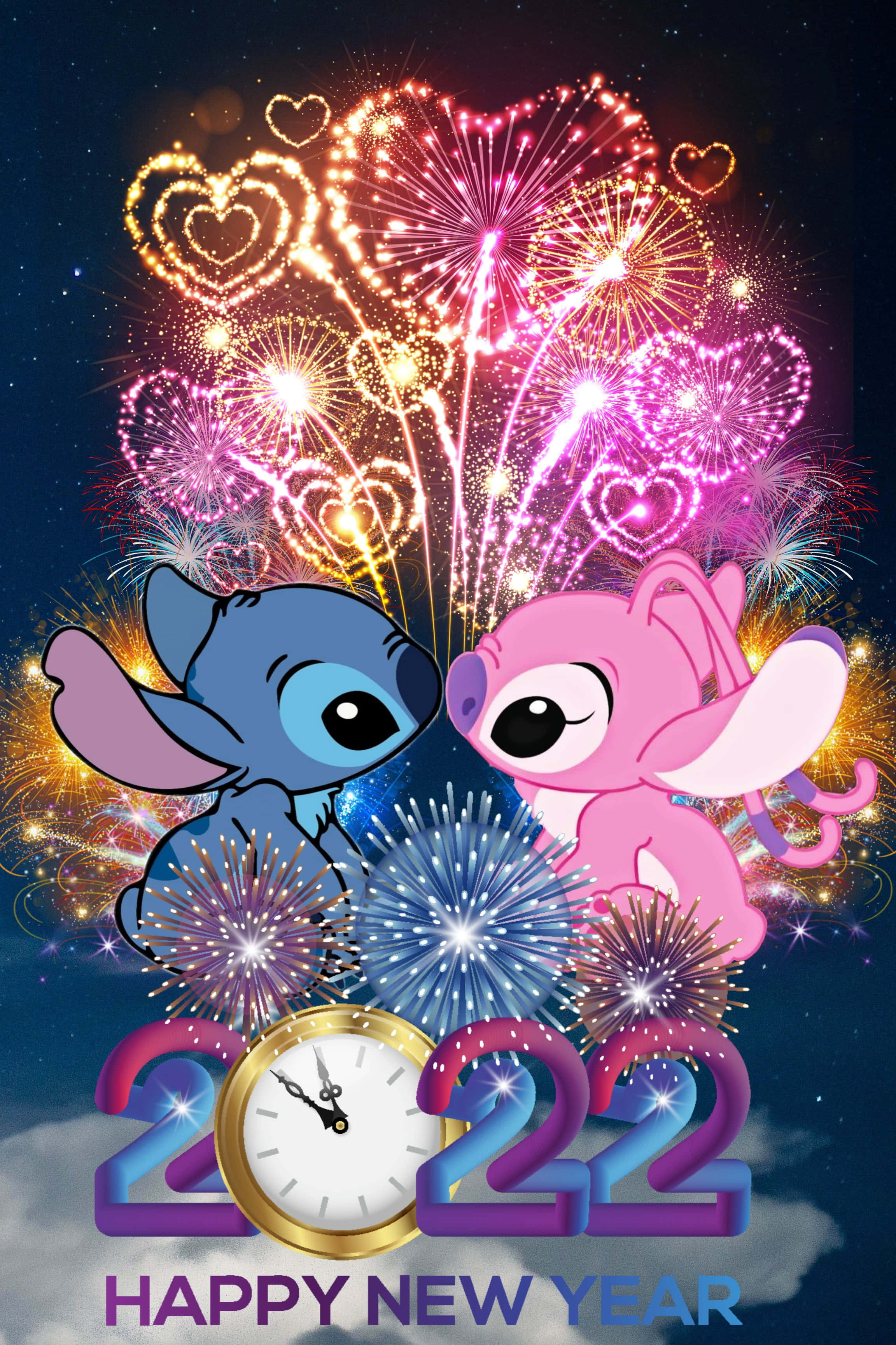 Stitch, Angel, heart-shaped fireworks, 2K Phone Wallpaper