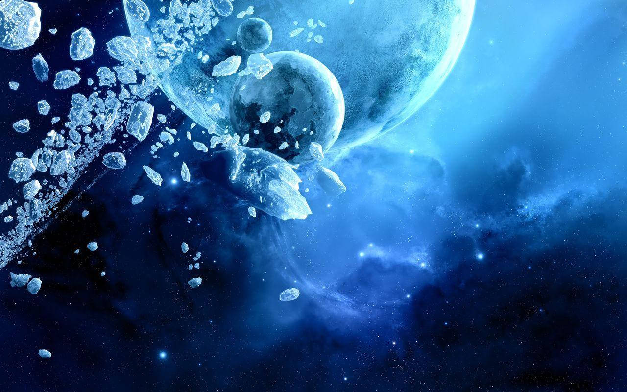 Blue Space Galaxy Tablet, shattered icy moon, starry blue nebula, HD Desktop Wallpaper