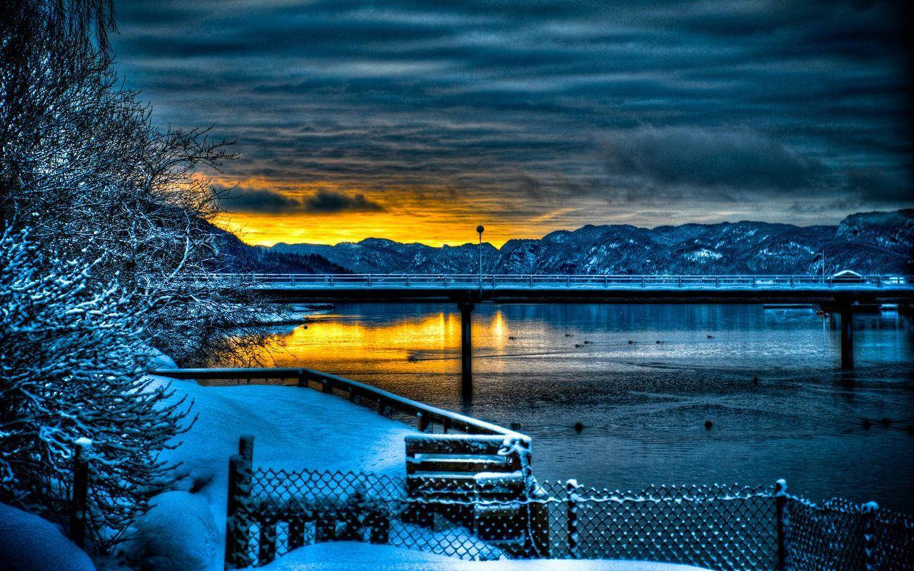 Galaxy Tablet, winter sunset, snowy bridge, HD Desktop Wallpaper
