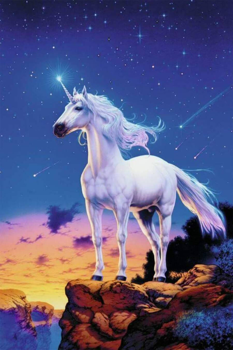 magical white galaxy unicorn creature, glowing horn, rocky cliff, HD Phone Wallpaper