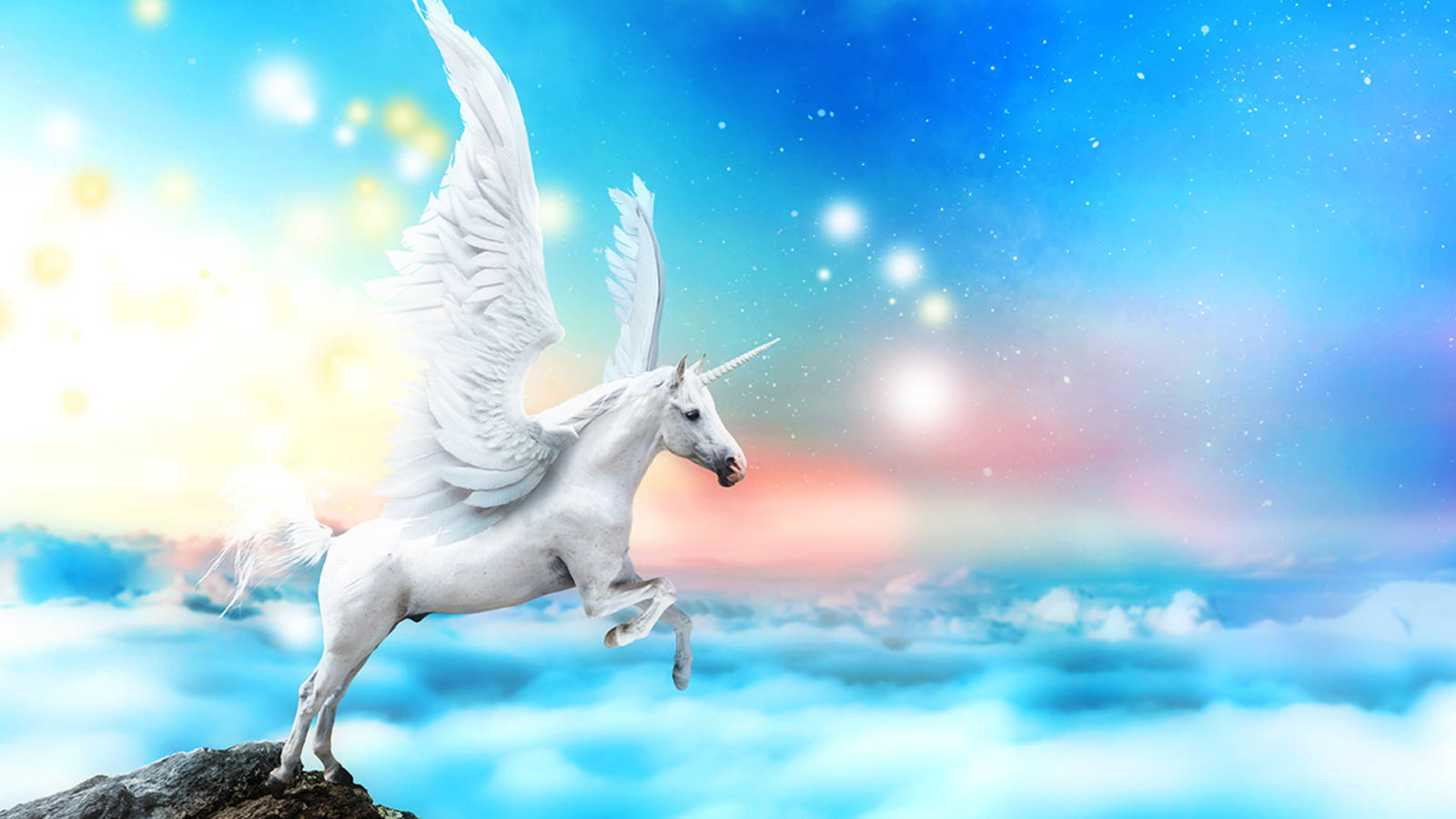 white galaxy unicorn, pastel blue skies, rocky peak, HD Desktop Wallpaper