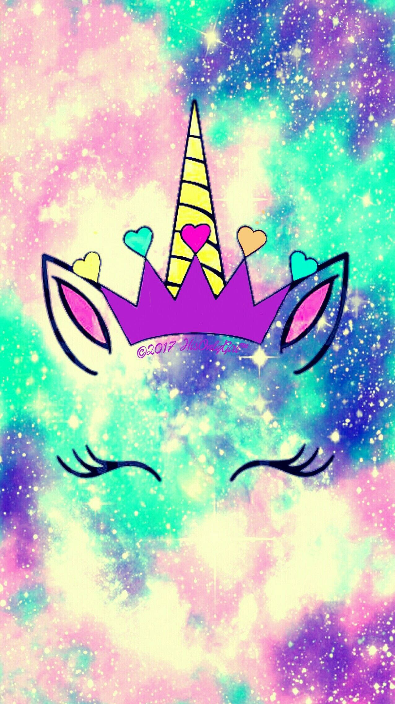 Galaxy Unicorn Girl, purple crown, hearts, Full HD Phone Wallpaper
