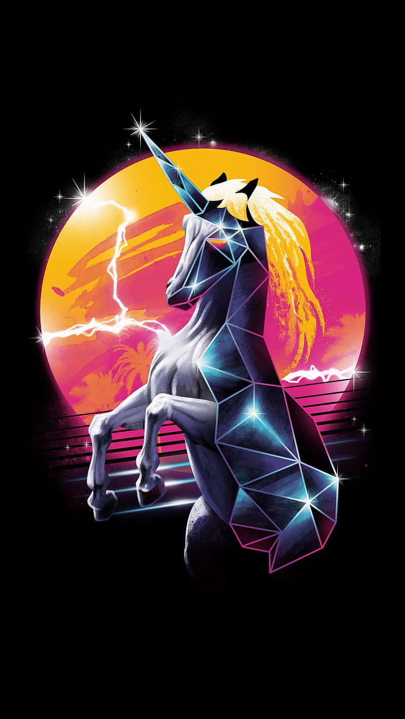 geometric neon unicorn, vibrant sunset, lightning, HD Phone Wallpaper