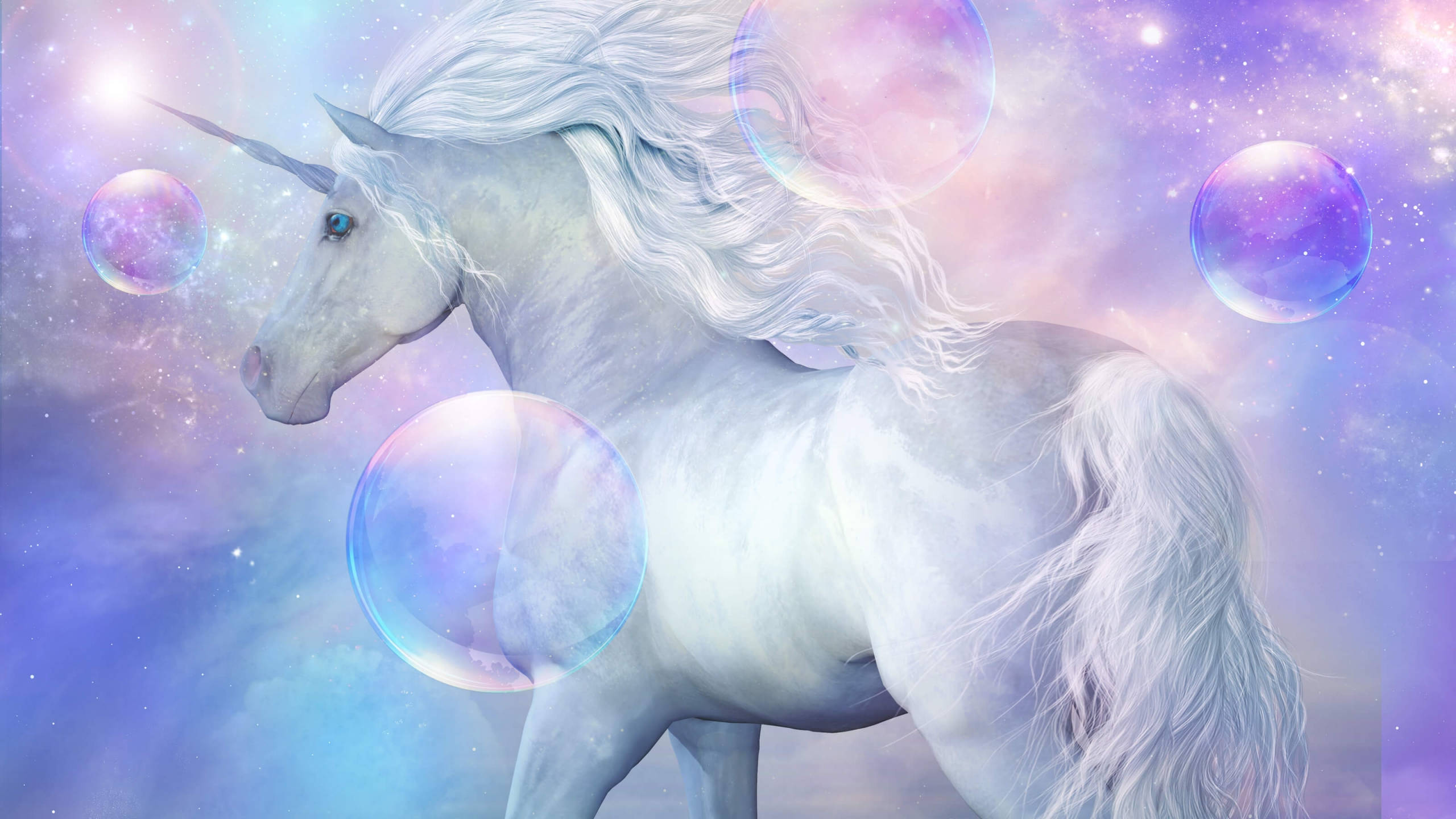 pastel white, realistic galaxy unicorn, glowing cosmic bubbles, 2K Desktop Wallpaper