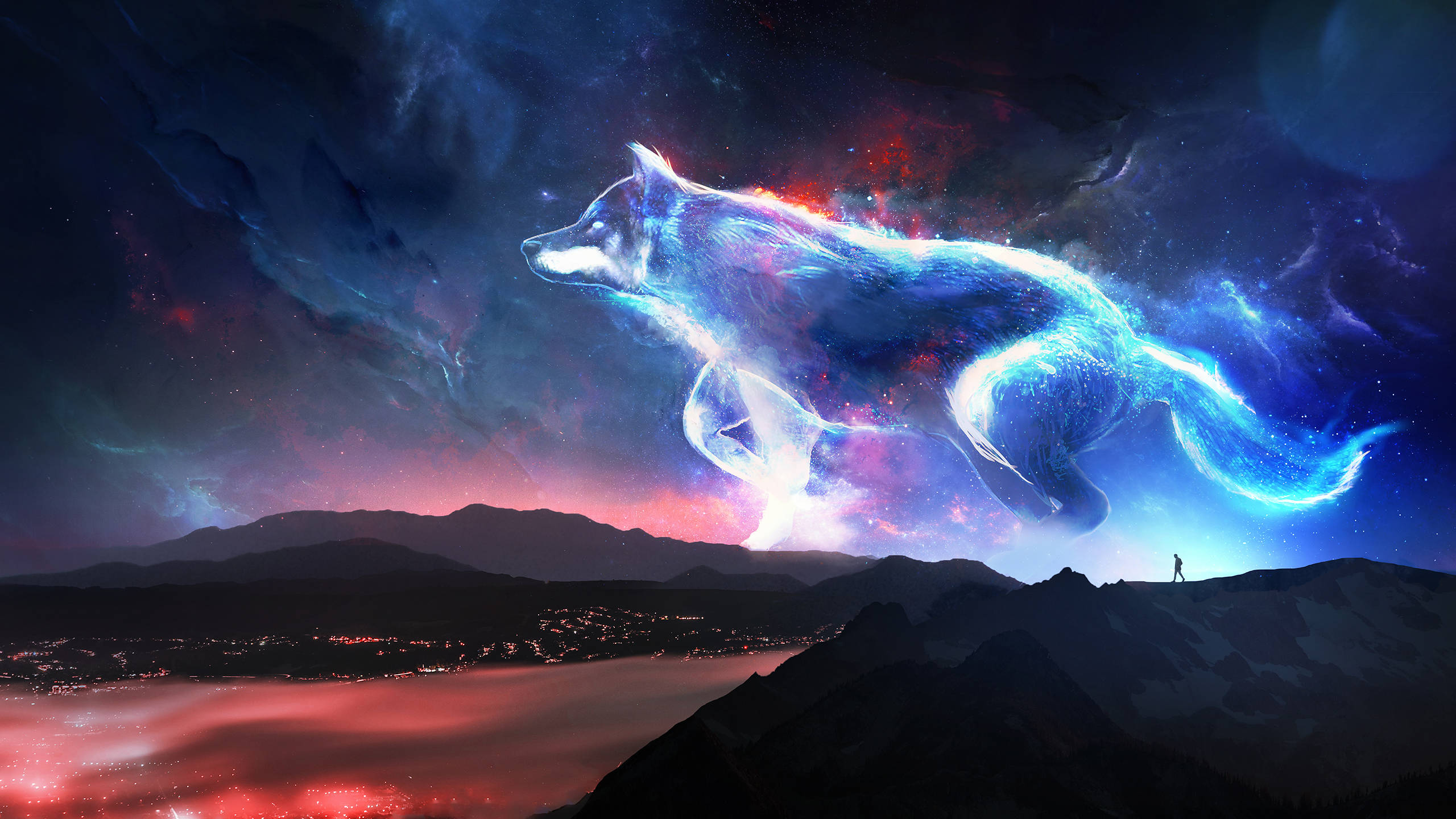 Galaxy Wolf, nebula skies, twilight, 2K Desktop Wallpaper