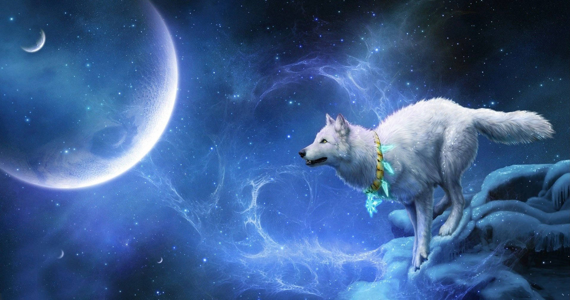 Galaxy Wolf, crescent moon, icy terrain, HD Desktop Wallpaper