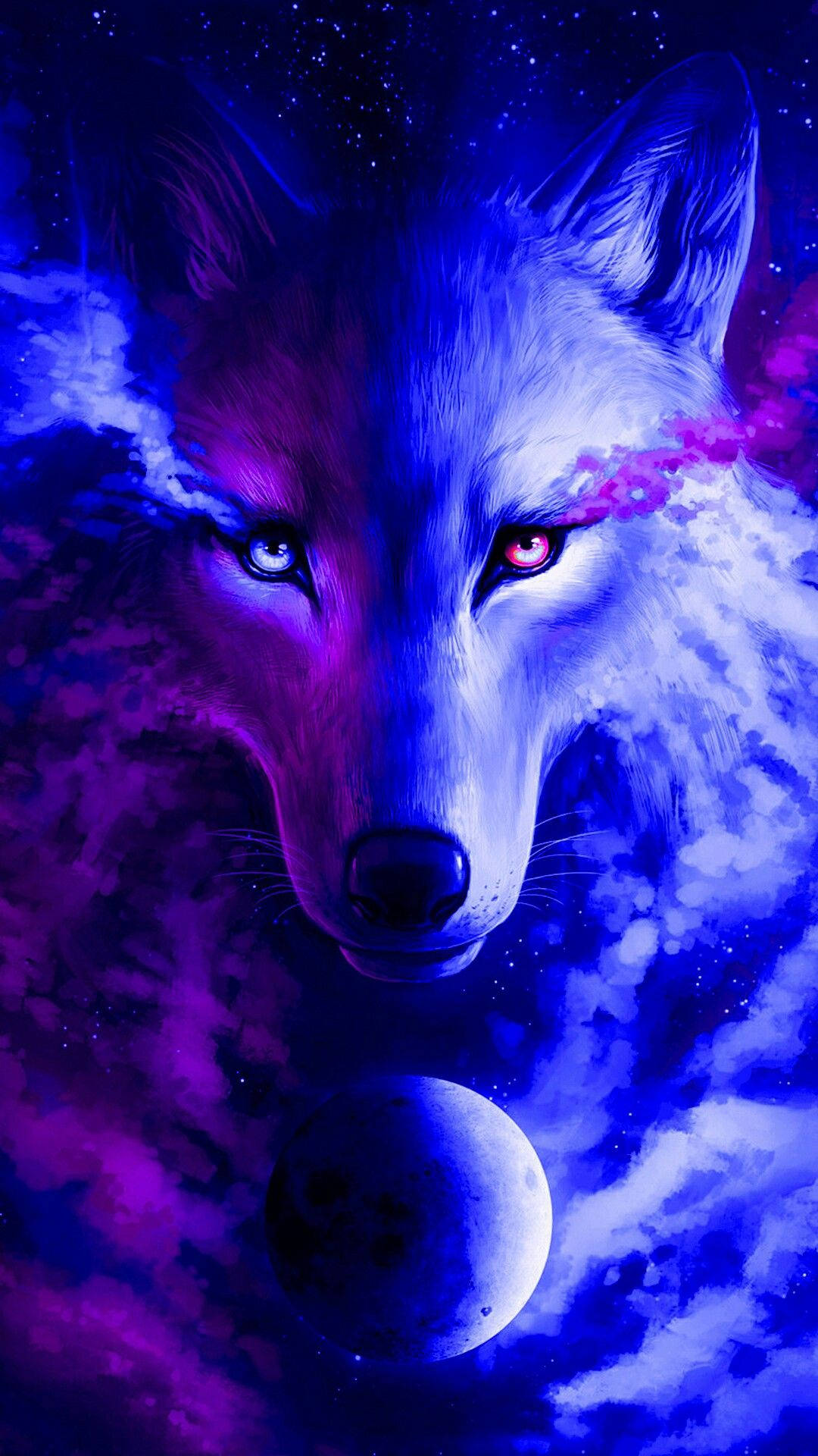Galaxy wolf, cosmic nebula, full moon, Full HD Phone Wallpaper