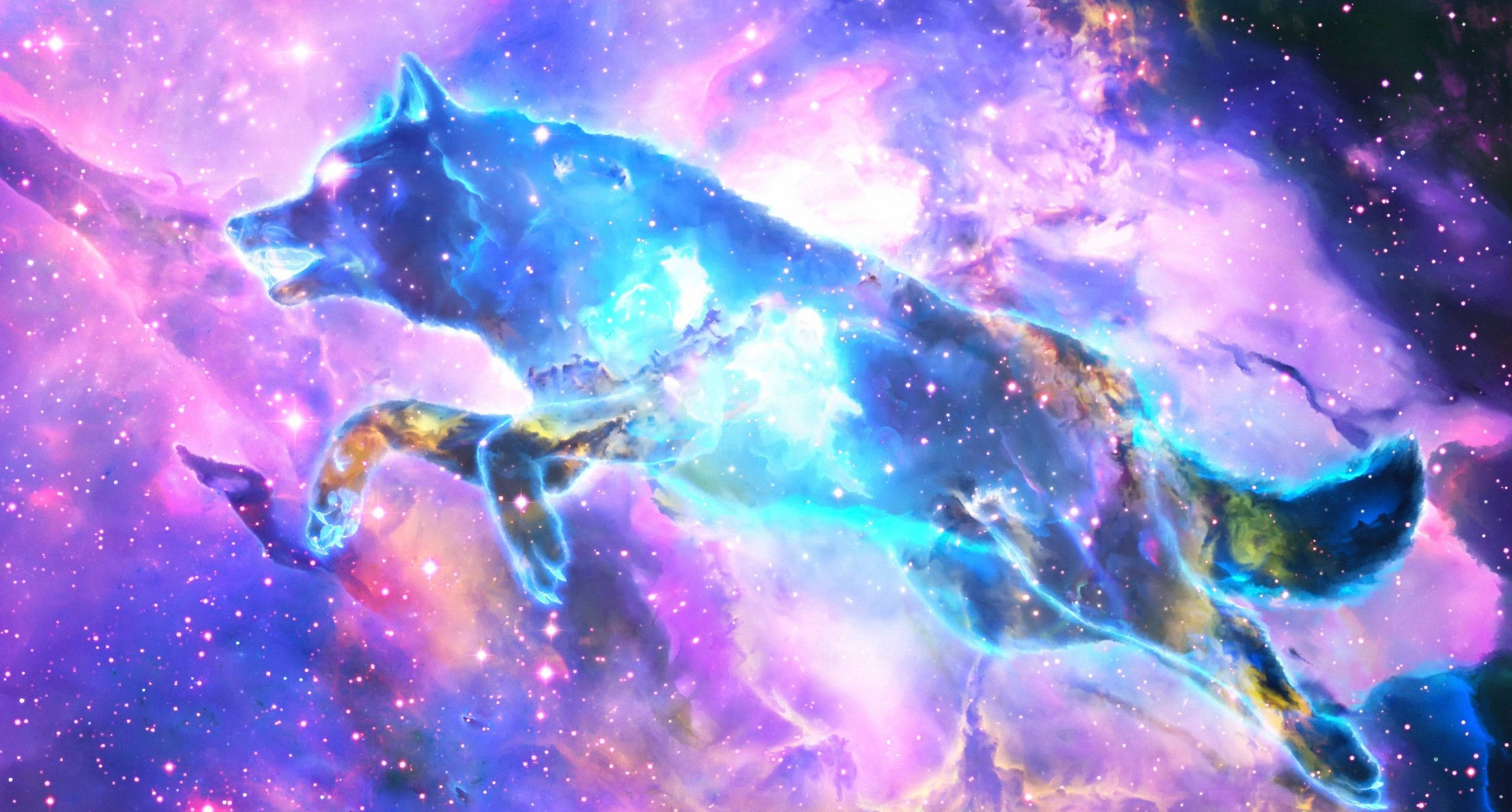 Galaxy Wolf, purple silhouette, glowing blue wolf, Full HD Desktop Wallpaper