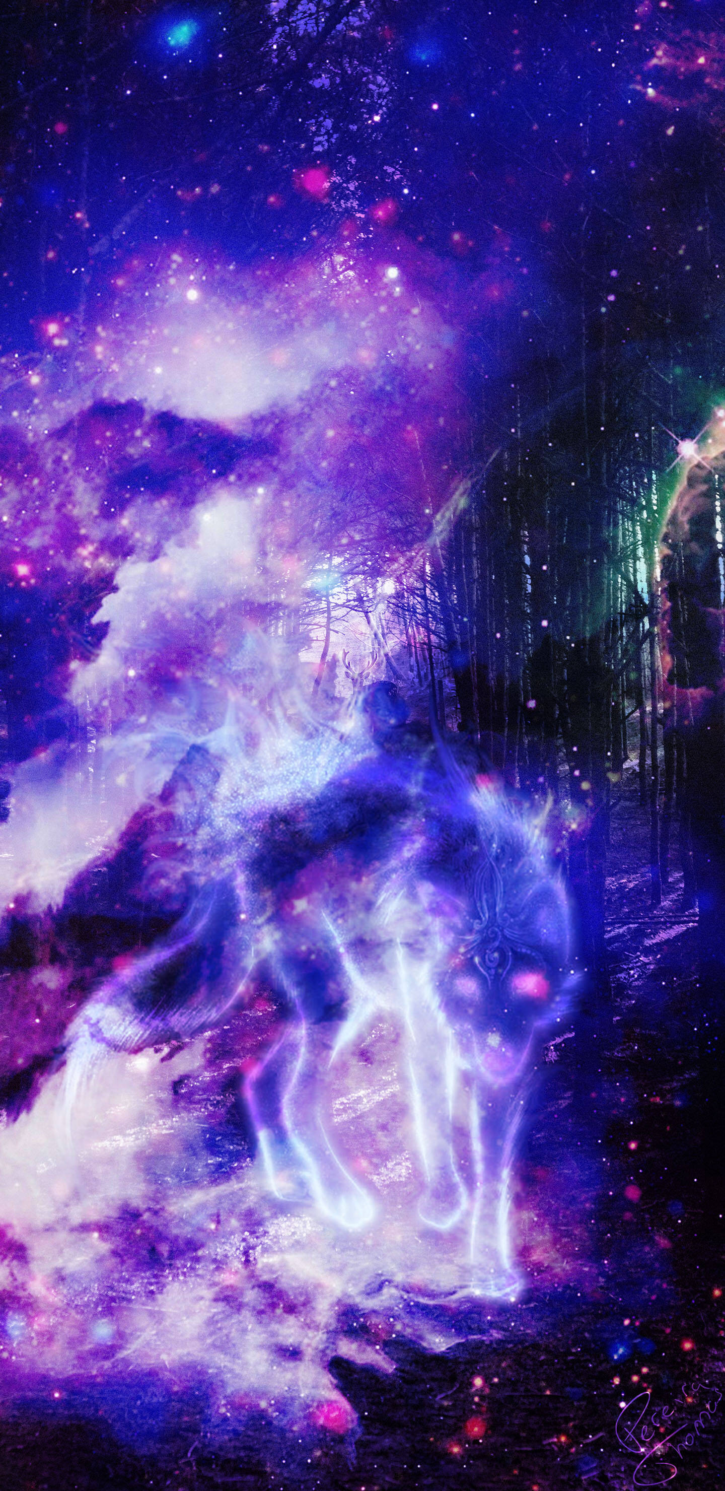 Galaxy Wolf, starry purple forest, nebula-filled sky, 2K Phone Wallpaper