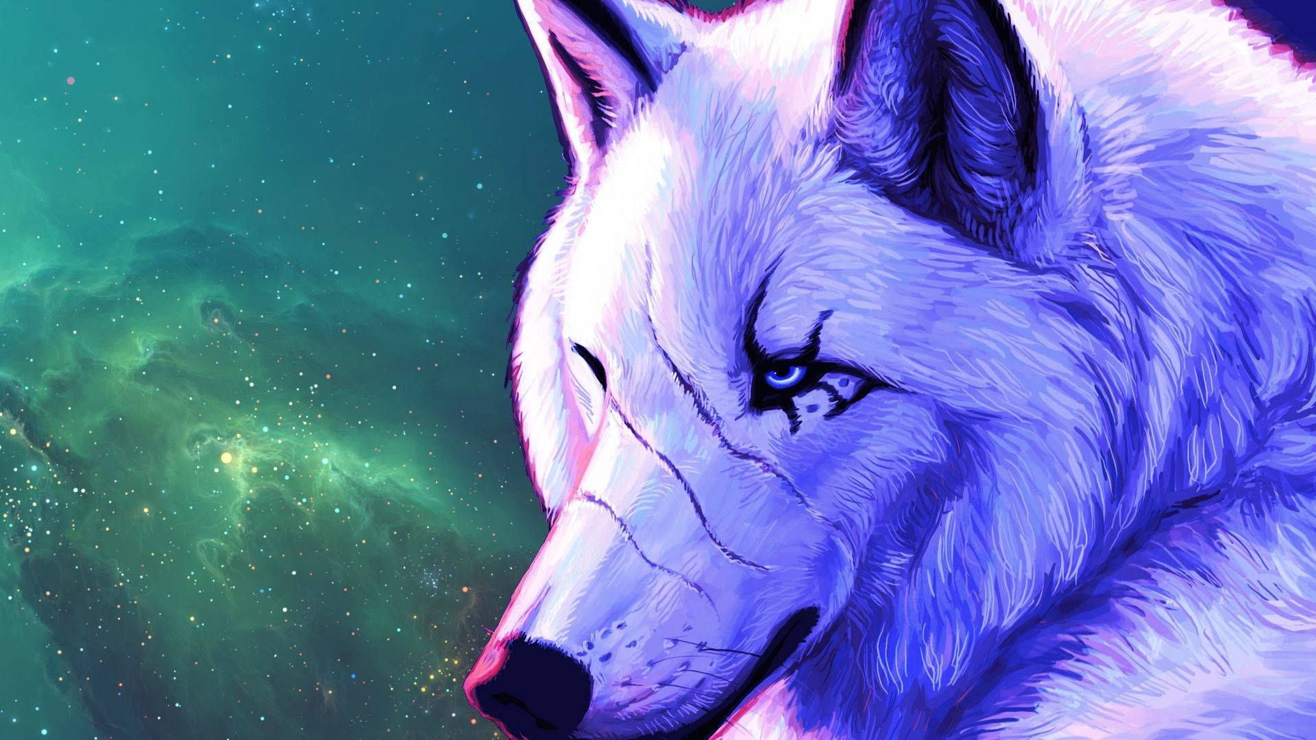 Galaxy wolf, white wolf, glowing blue eyes, Full HD Desktop Wallpaper