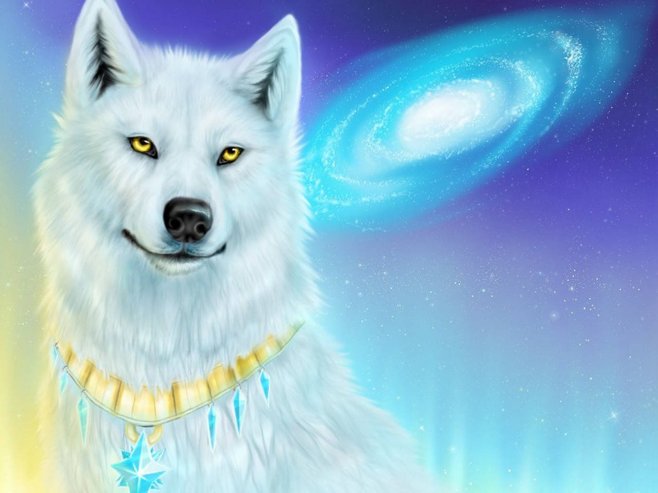 white wolf, golden eyes, crystal necklace, HD Desktop Wallpaper