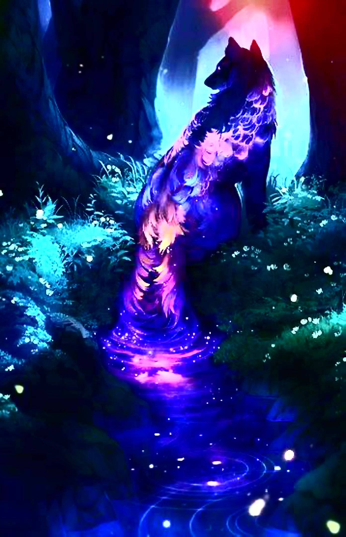 mystical galaxy wolf, neon blue, purple, Full HD Phone Wallpaper