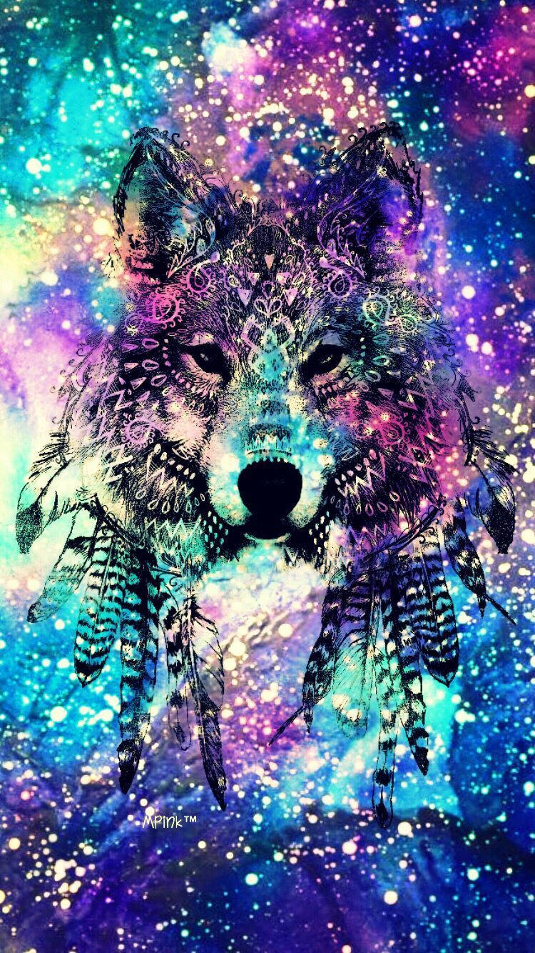 Galaxy Wolf, feather mask, cosmic galaxy backdrop, HD Phone Wallpaper