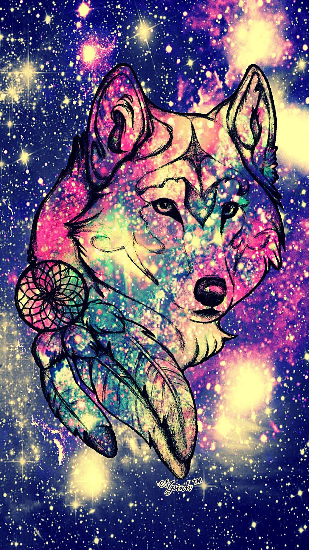 Galaxy wolf, dreamcatcher, feather, Full HD Phone Wallpaper