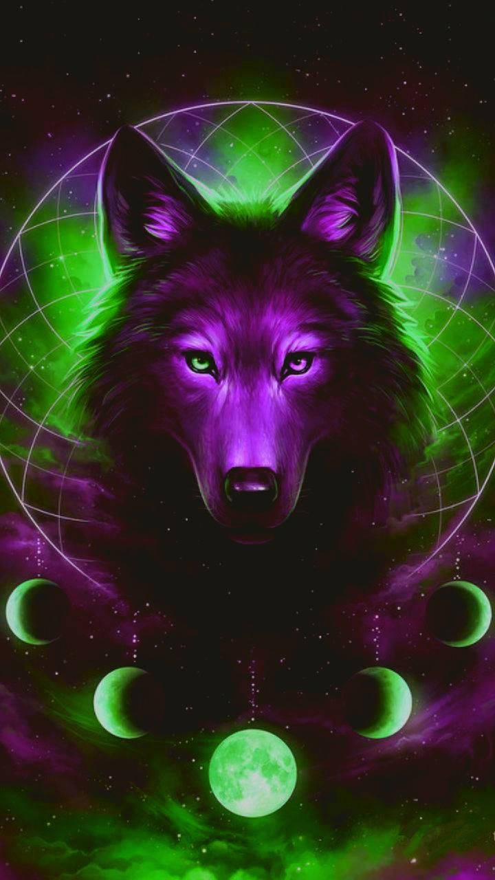 purple and green galaxy wolf, glowing purple wolf, green eyes, HD Phone Wallpaper