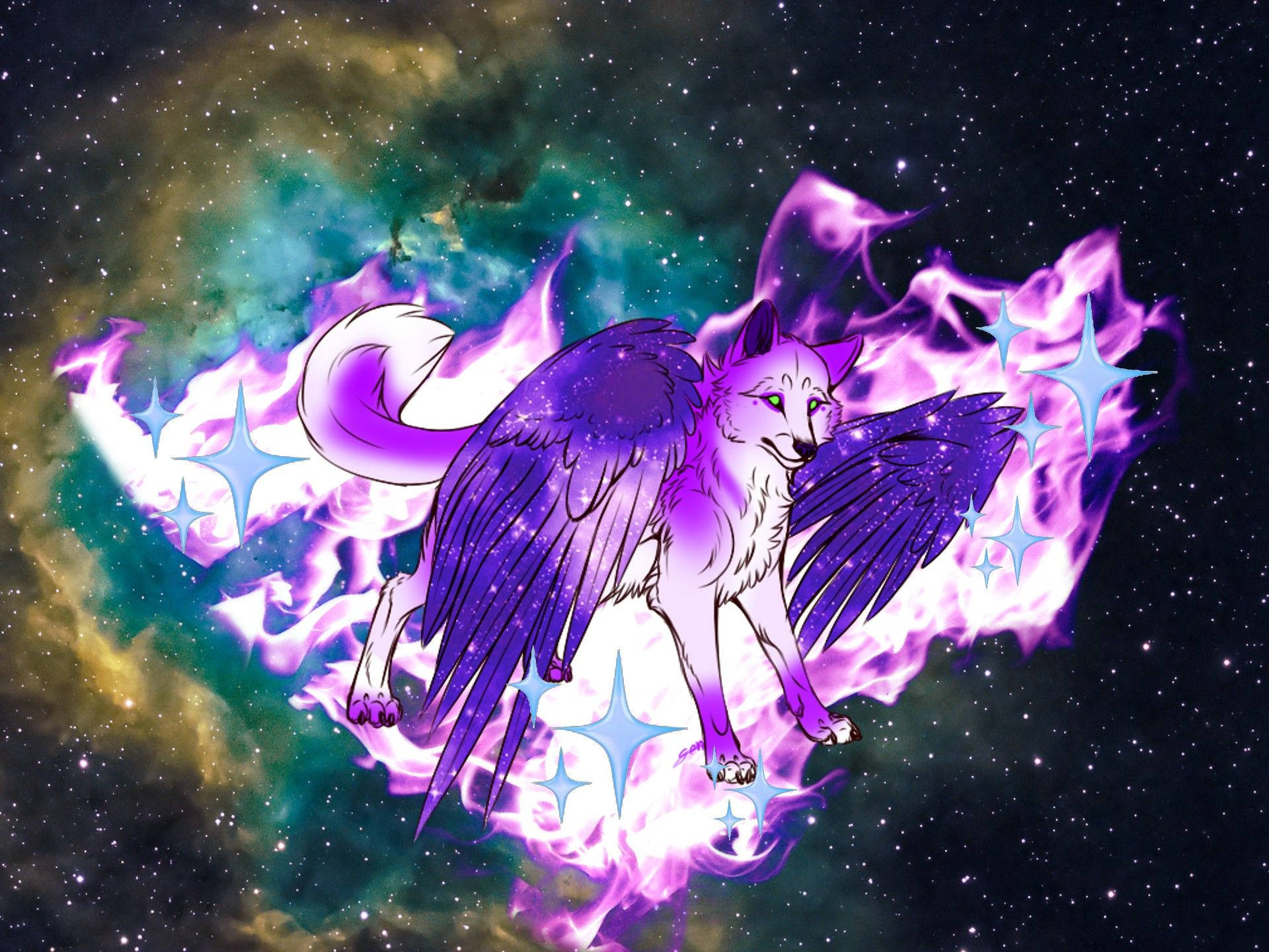 Galaxy wolf, purple-winged wolf, glowing eyes, Full HD Desktop Wallpaper