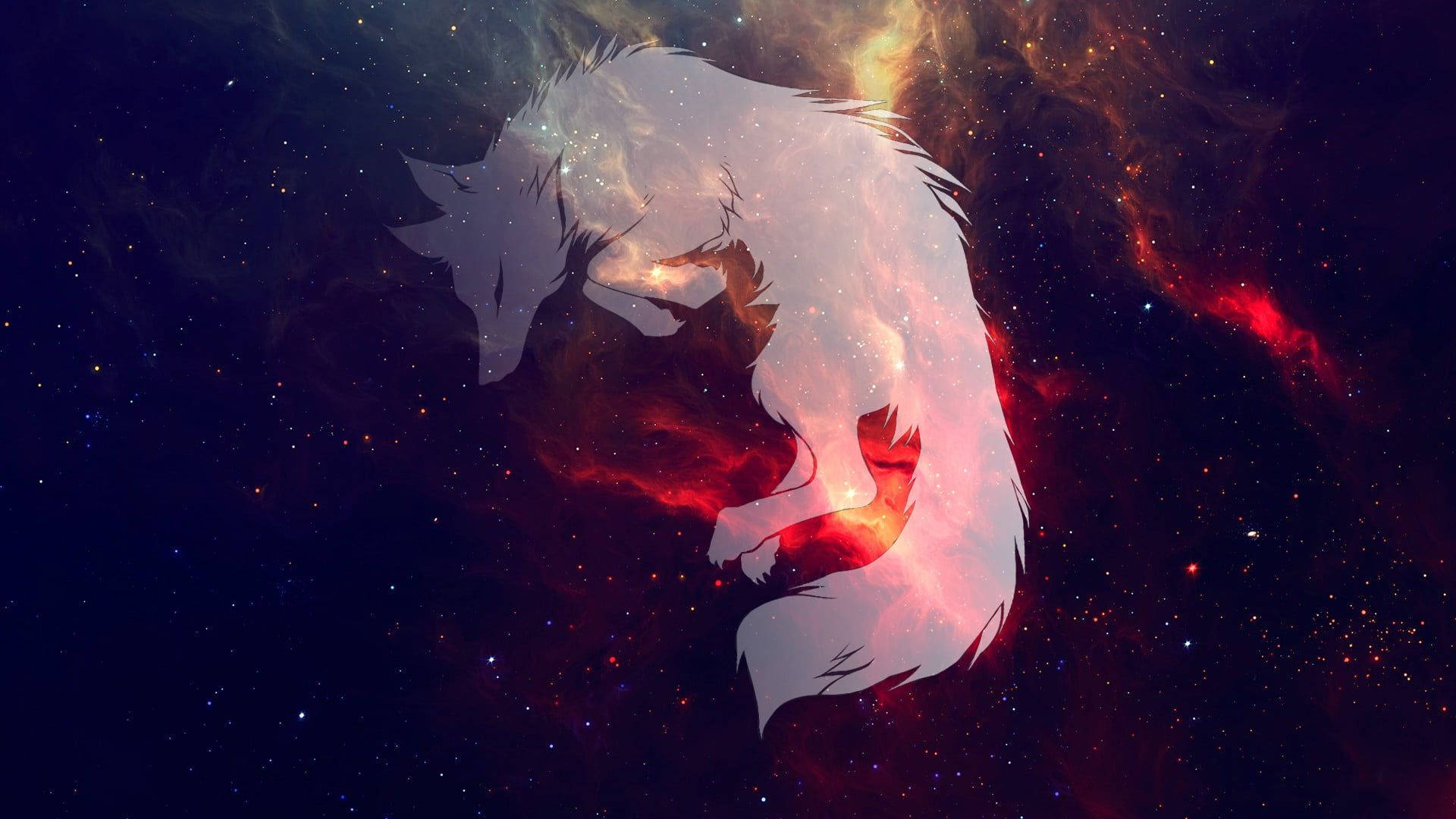 Galaxy wolf, cosmic nebula, reds pinks and golds, Full HD Desktop Wallpaper