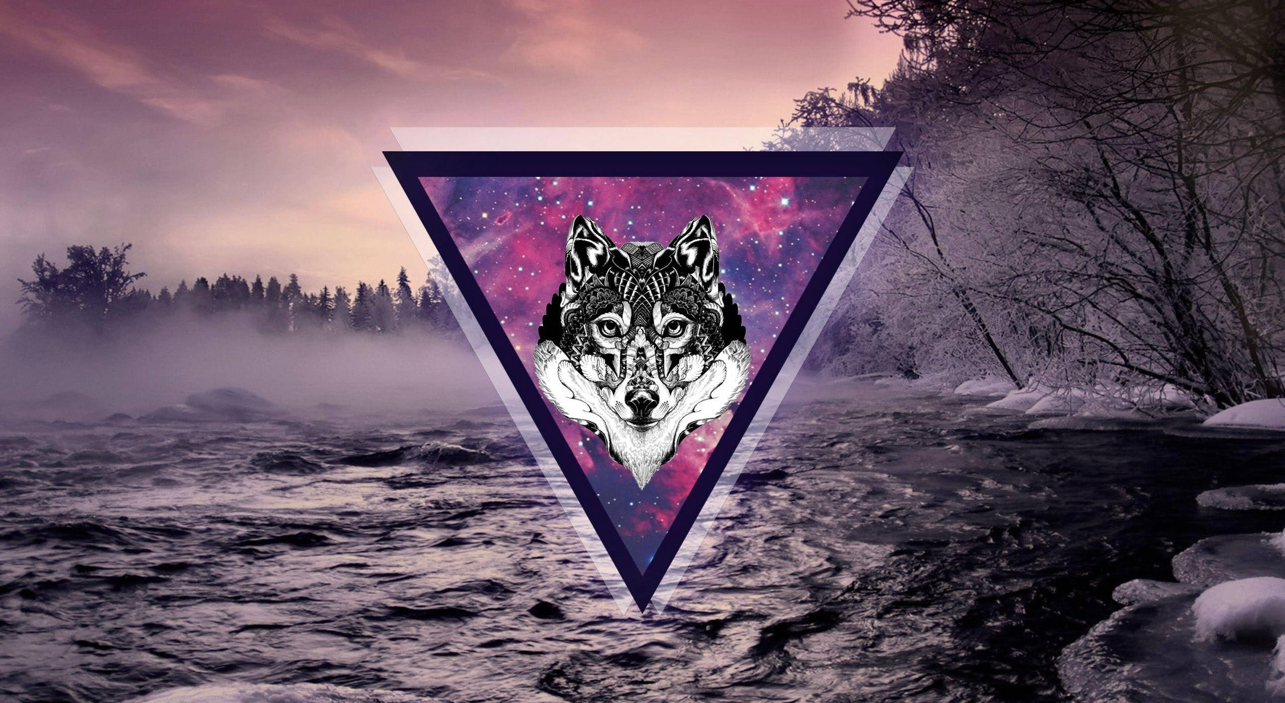 Purple Galaxy Wolf, glowing triangle, snowy river, Full HD Desktop Wallpaper