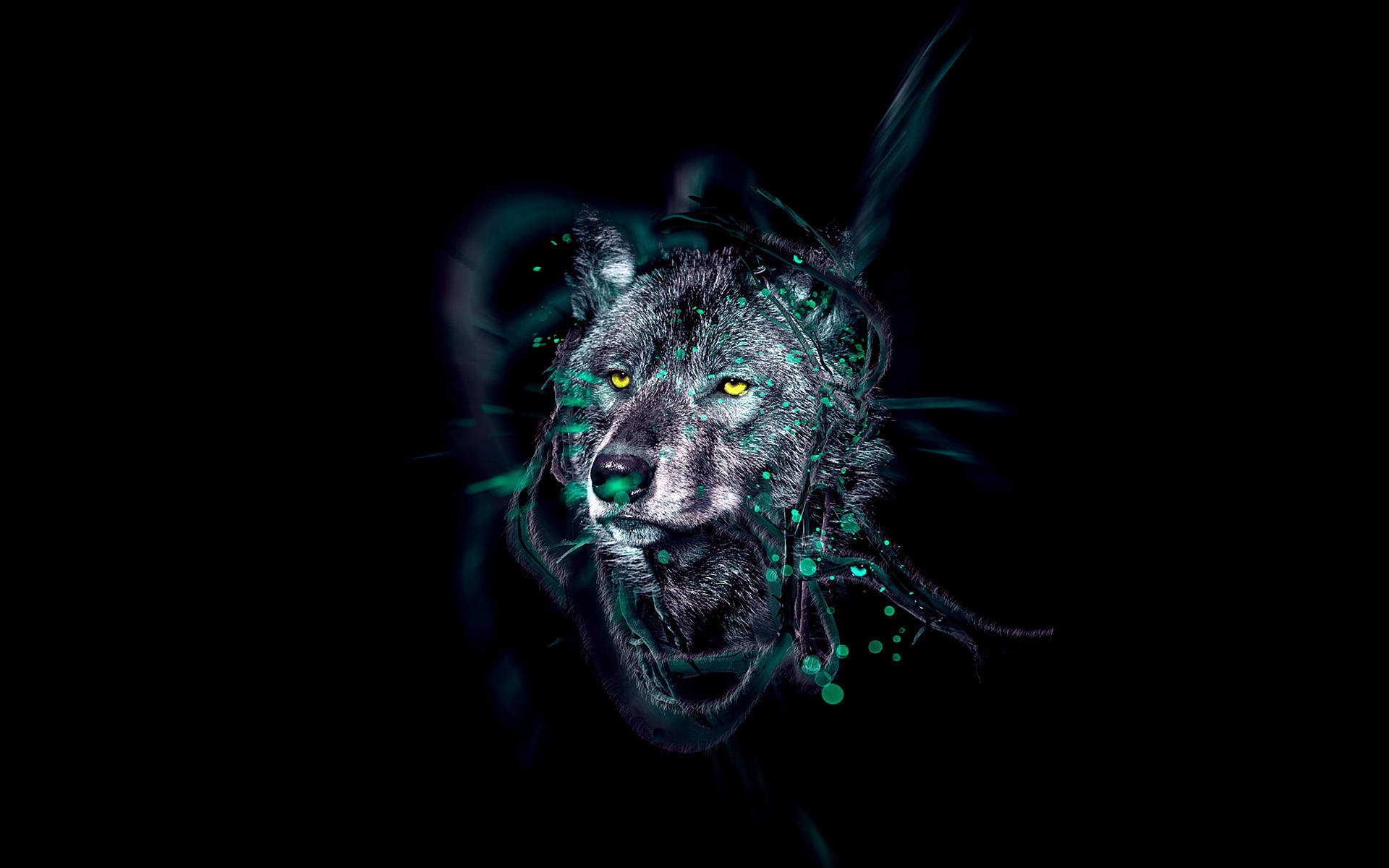 Green Galaxy Wolf, neon green particles, yellow eyes, Full HD Desktop Wallpaper