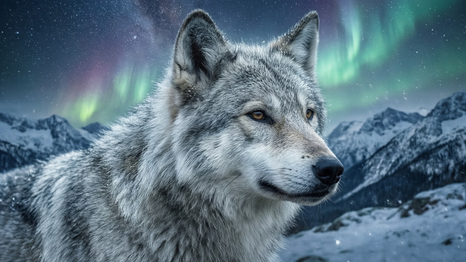 Snow Wolf Aurora, gray wolf, snowy mountain, Full HD Desktop Wallpaper