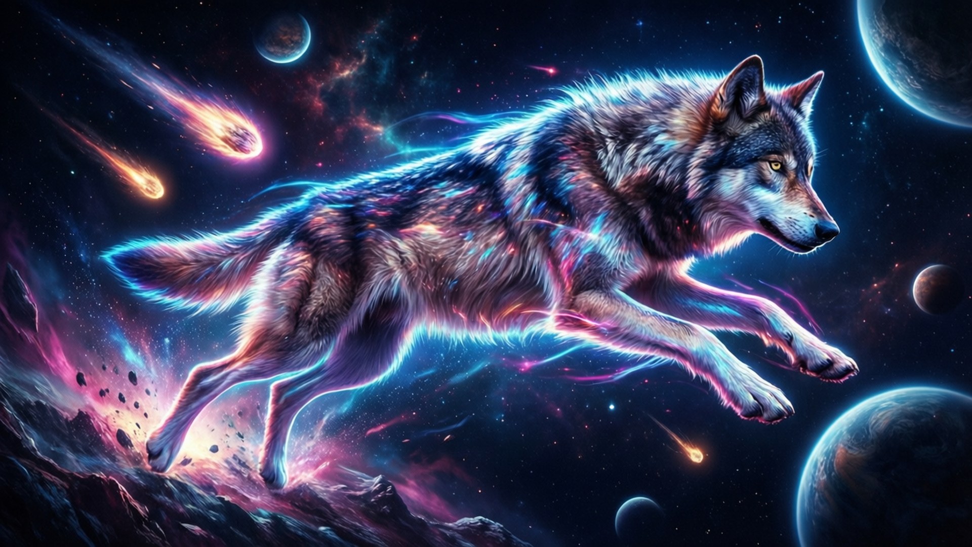 Galaxy wolf, cosmic scene, planets, Full HD Desktop Wallpaper