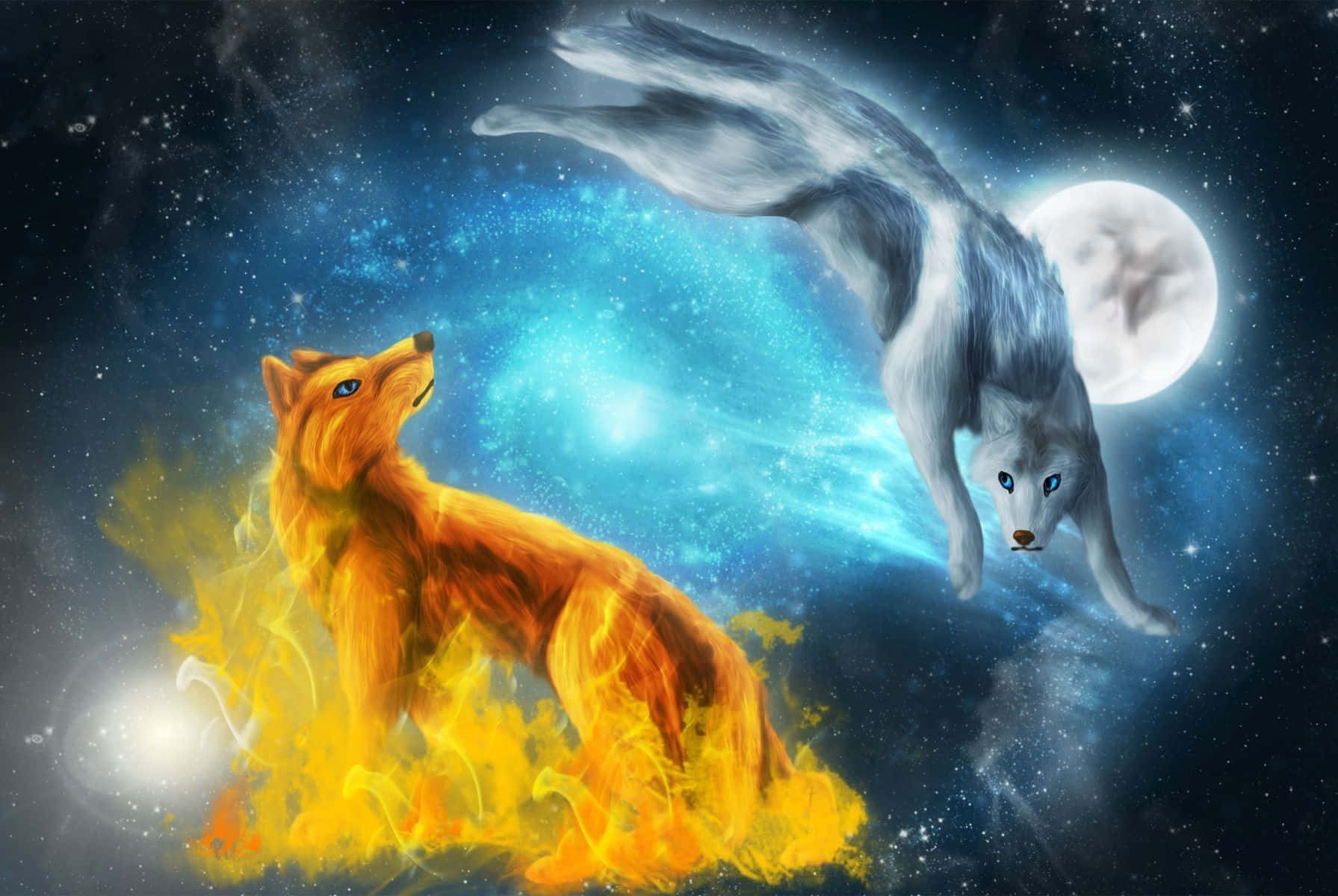 galaxy wolves, fiery orange fox, silver wolf, HD Desktop Wallpaper