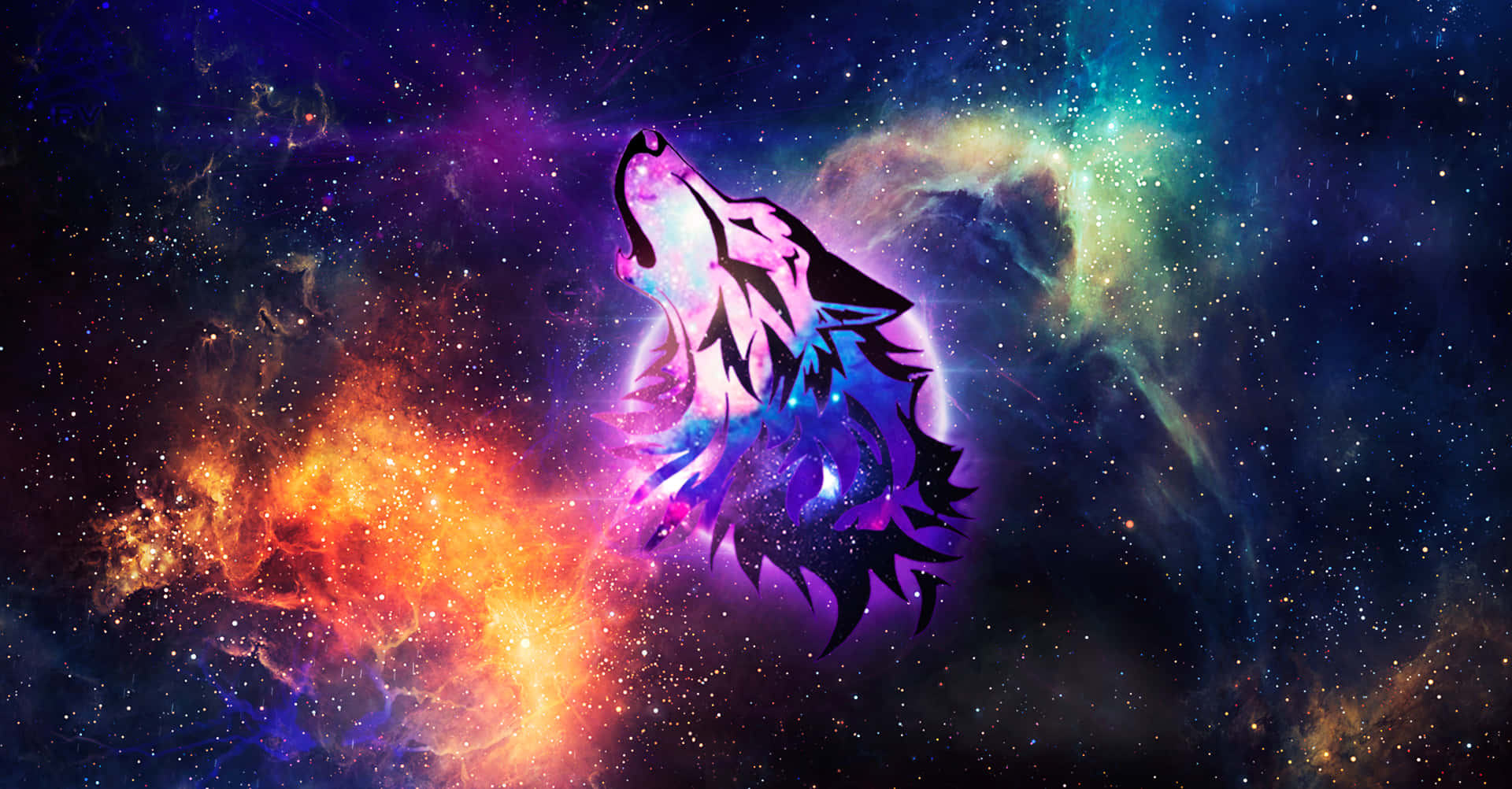 Galaxy Wolves, glowing wolf silhouette, vibrant cosmic nebula, Full HD Desktop Wallpaper