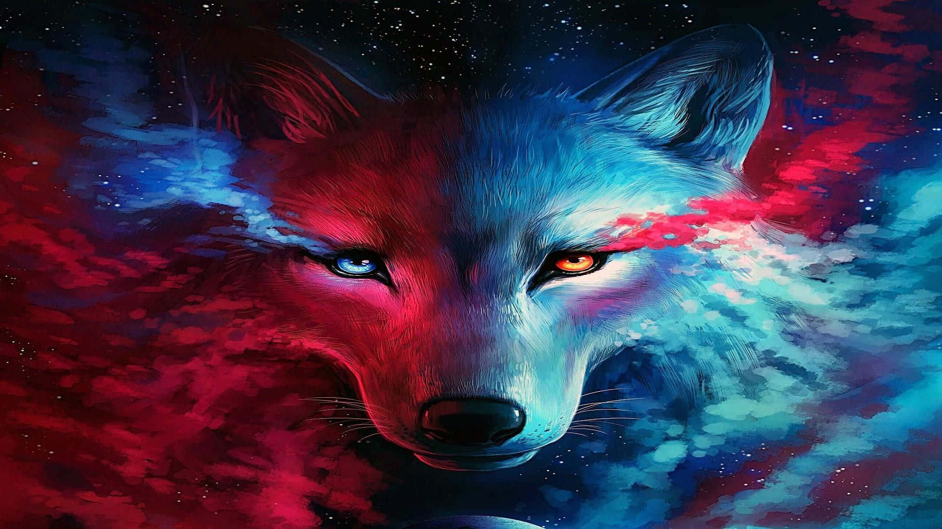Galaxy Wolves, blue eye, amber eye, Full HD Desktop Wallpaper