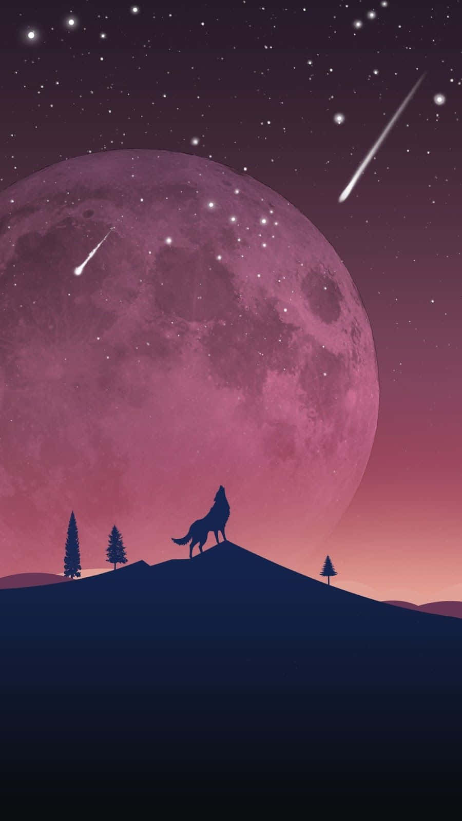 Galaxy Wolves, pink moon, streaking meteors, HD Phone Wallpaper