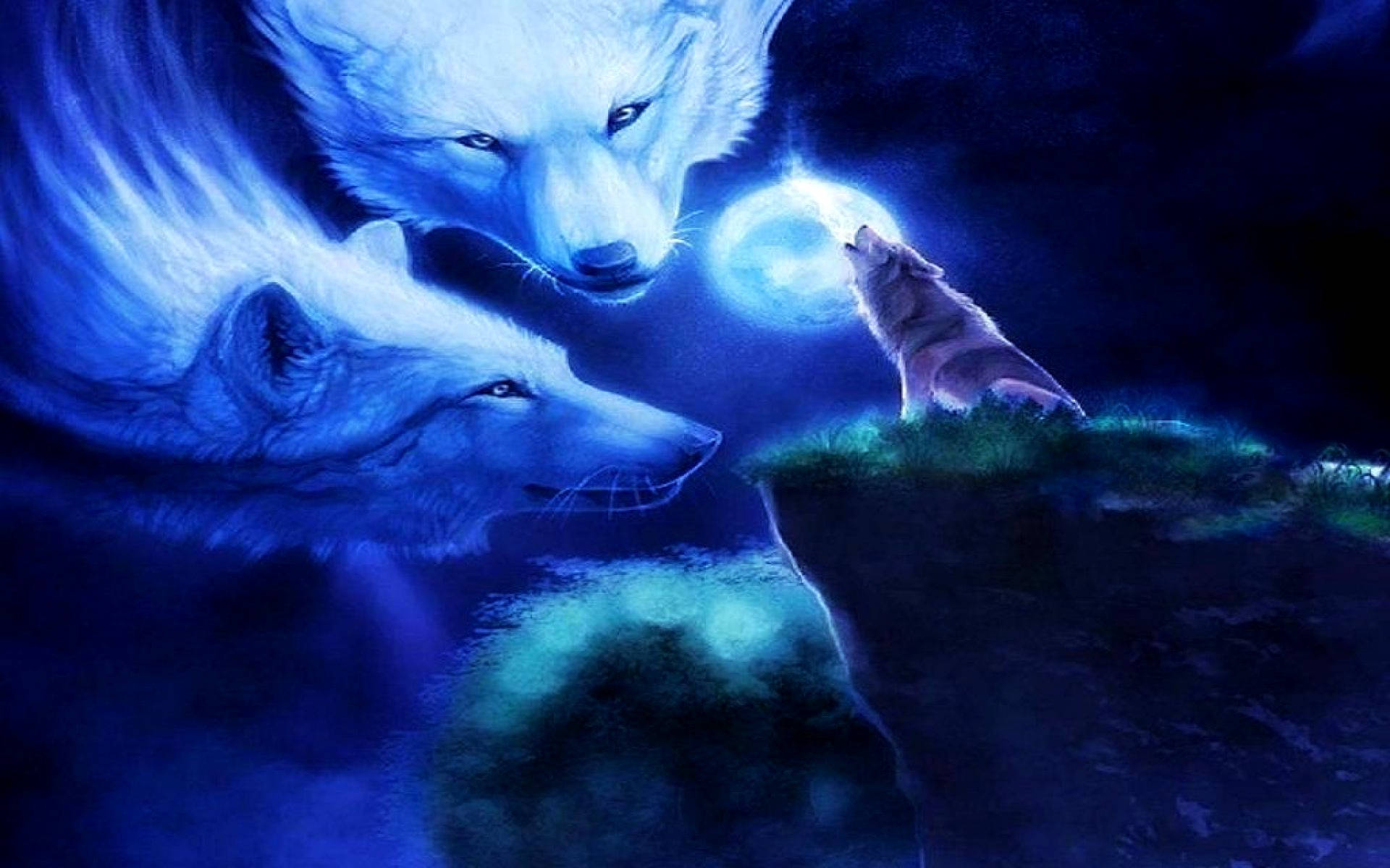 Galaxy Wolves, white wolves, glowing moon, Full HD Desktop Wallpaper