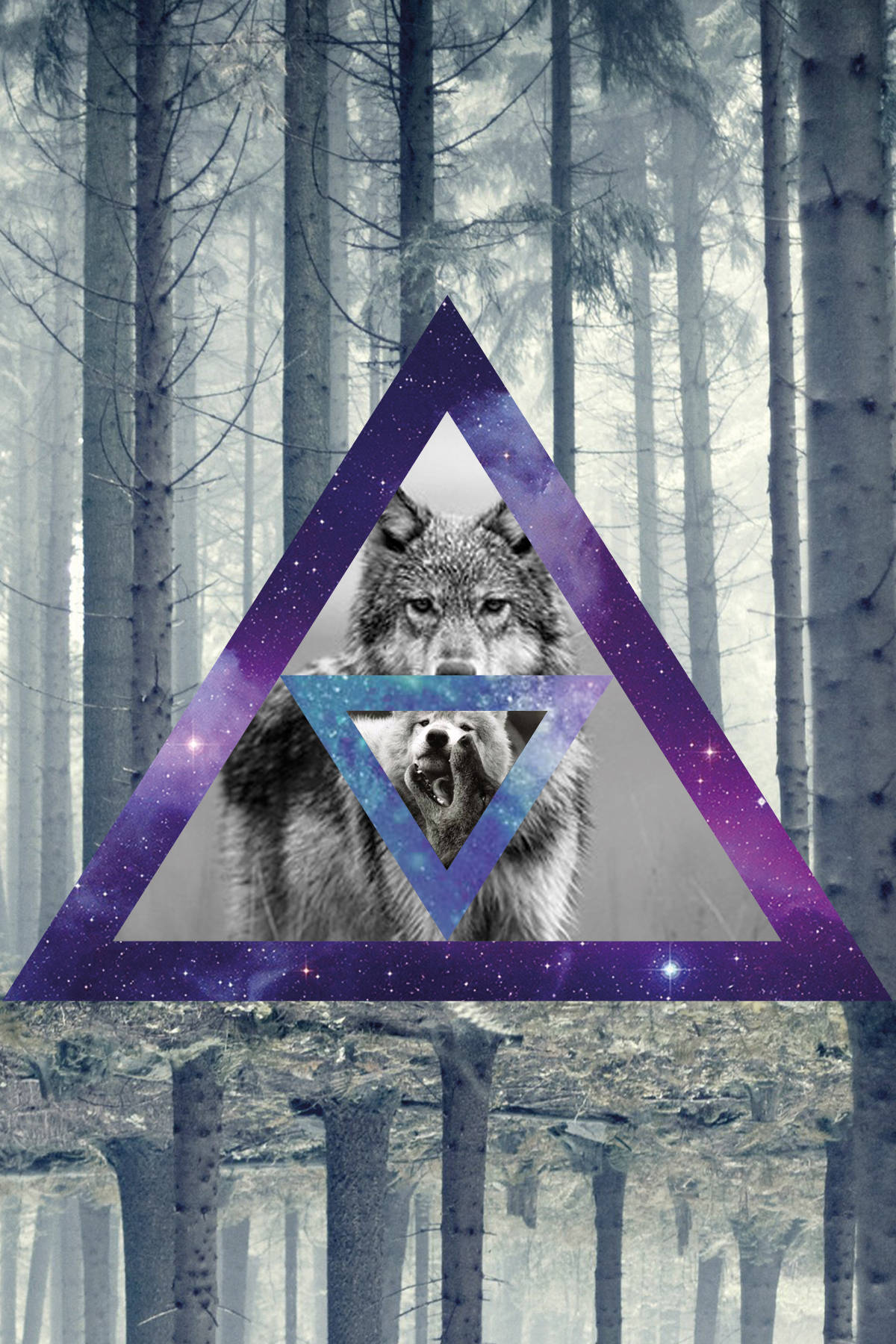 glowing purple galaxy triangle, wolf, misty forest backdrop, HD Phone Wallpaper