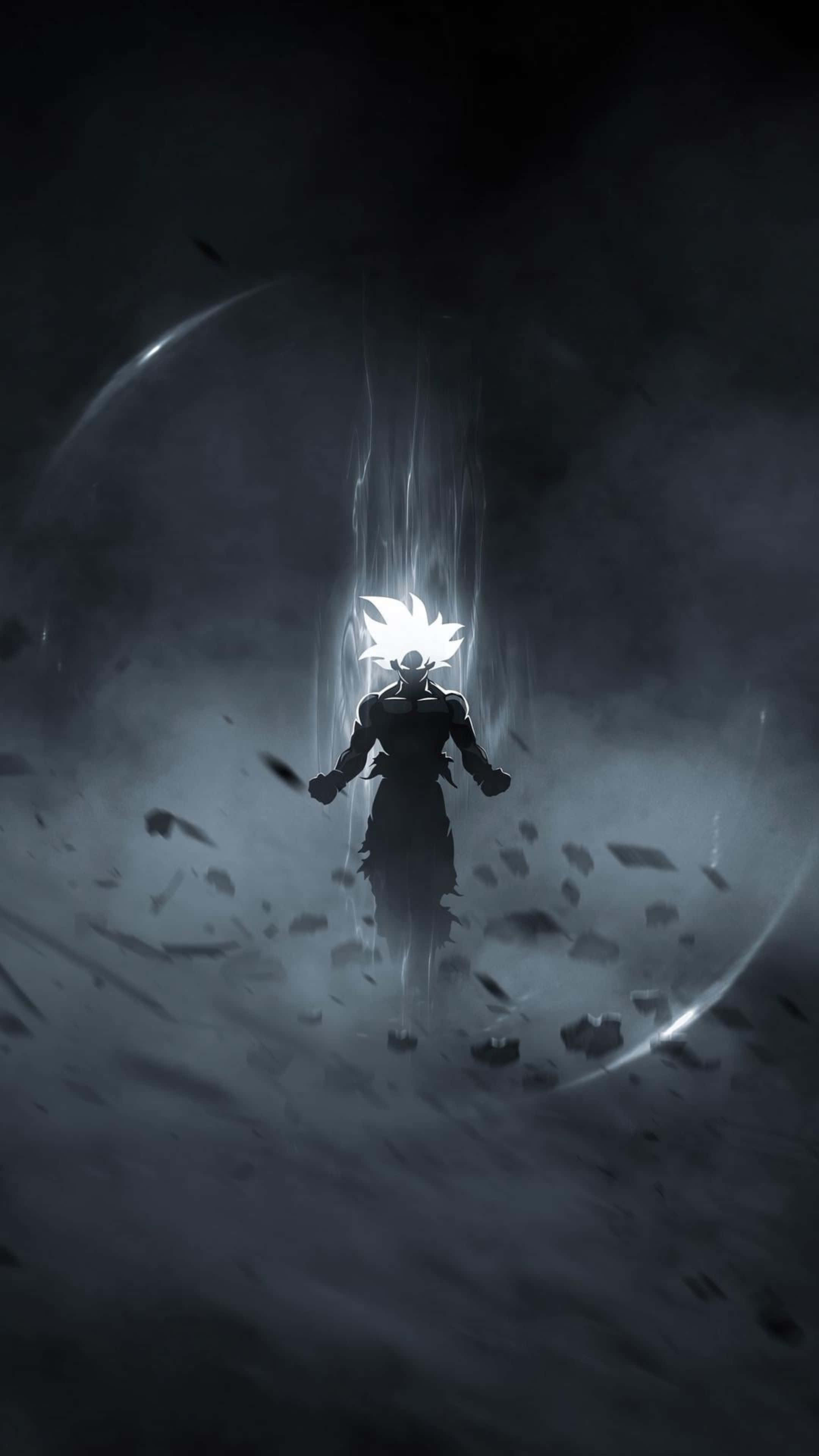 Galaxy Z Flip 7, glowing white-haired warrior, dark stormy void, 4K Phone Wallpaper