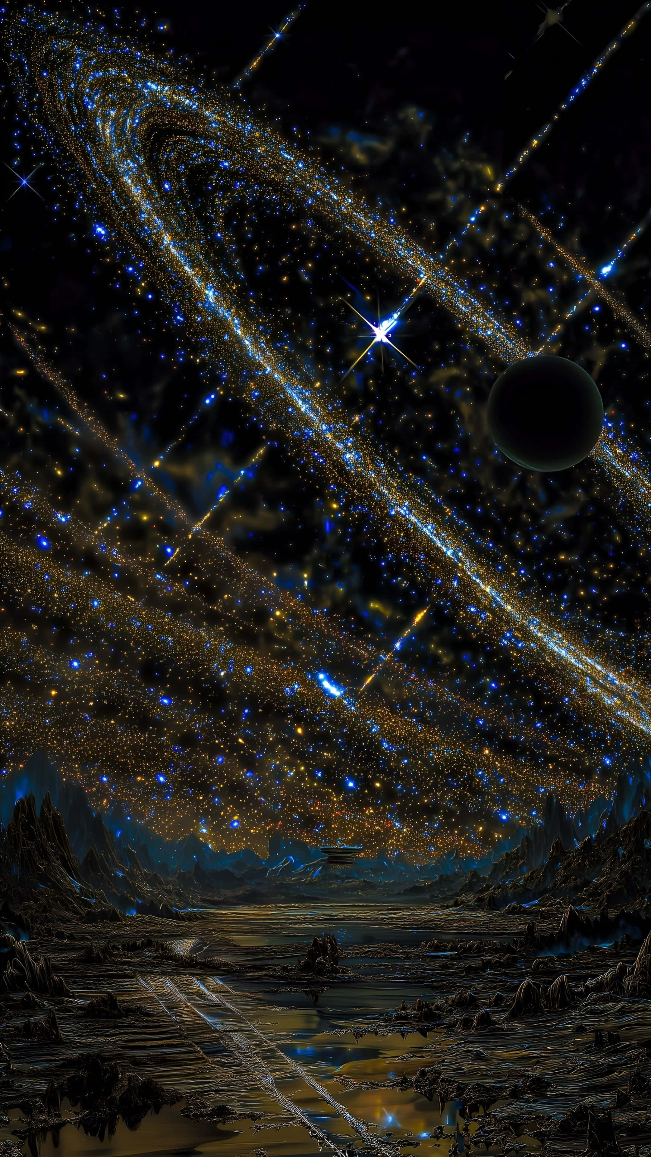 Galaxy Z Flip 7, space, glowing blue and gold stars, 4K Phone Wallpaper