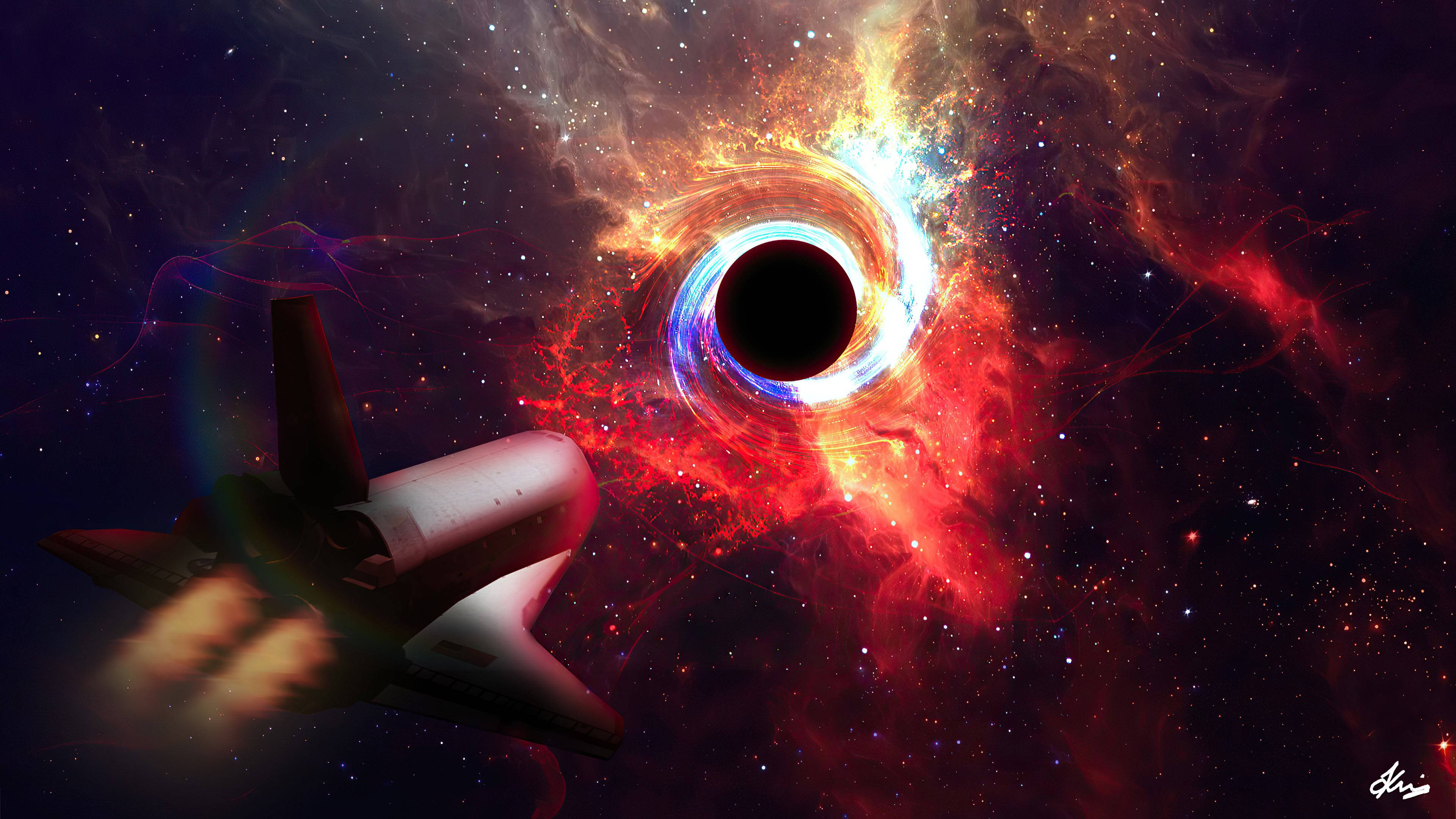 black hole, spacecraft, fiery red and blue cosmic clouds, 4K Desktop Wallpaper