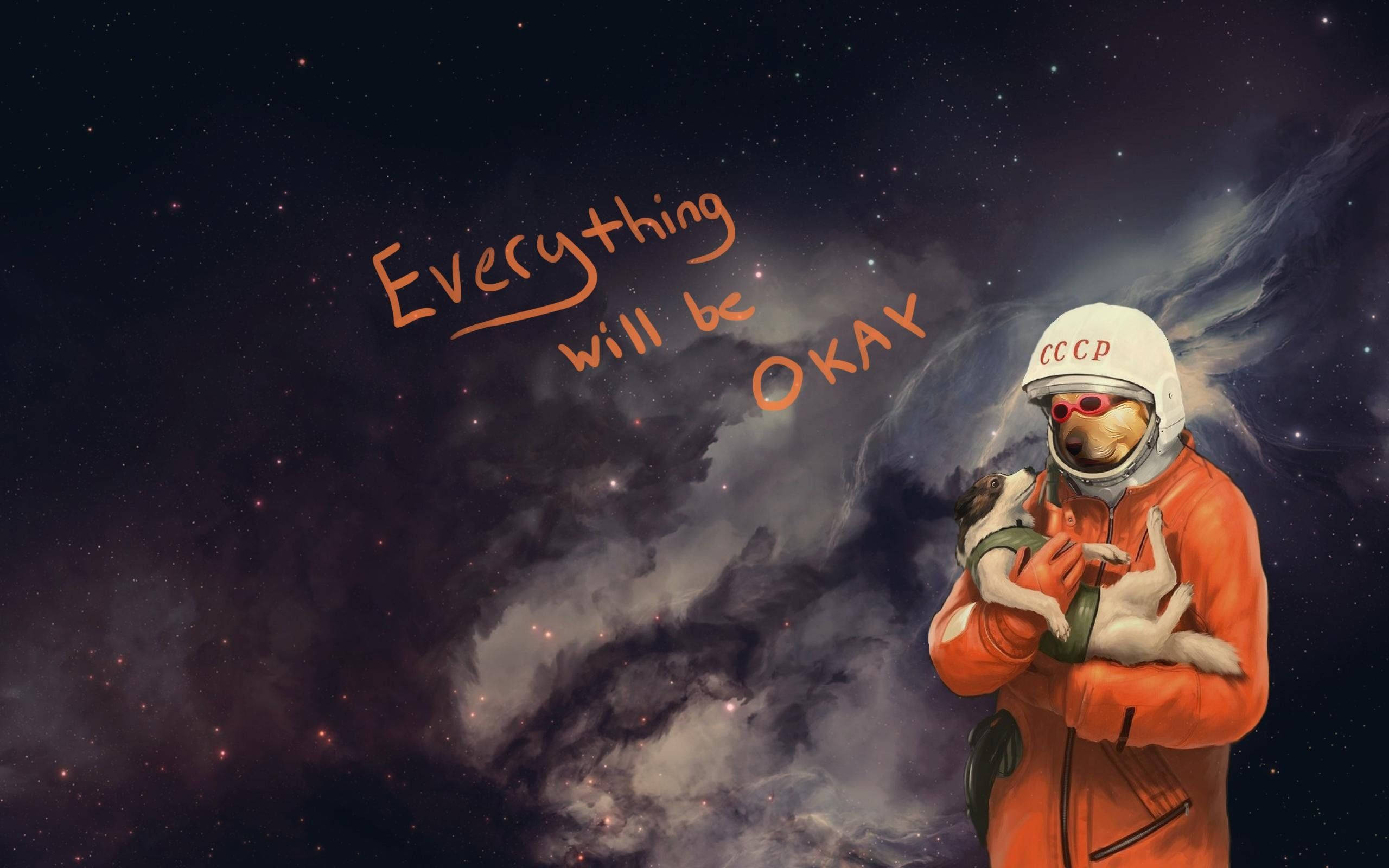 dog astronaut, orange suit, kitten, 2K Desktop Wallpaper