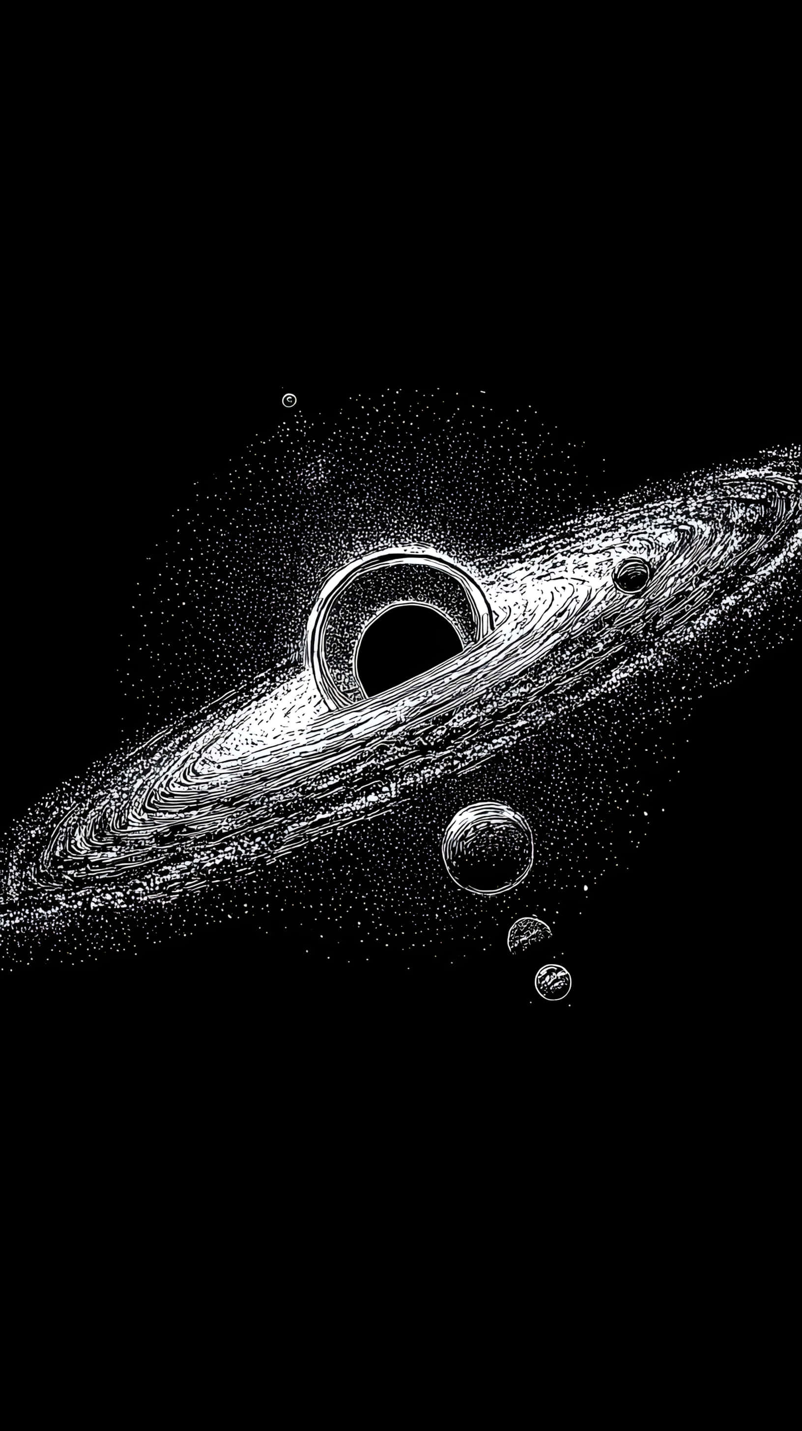 black hole, glowing accretion disk, orbiting planets, 2K Phone Wallpaper