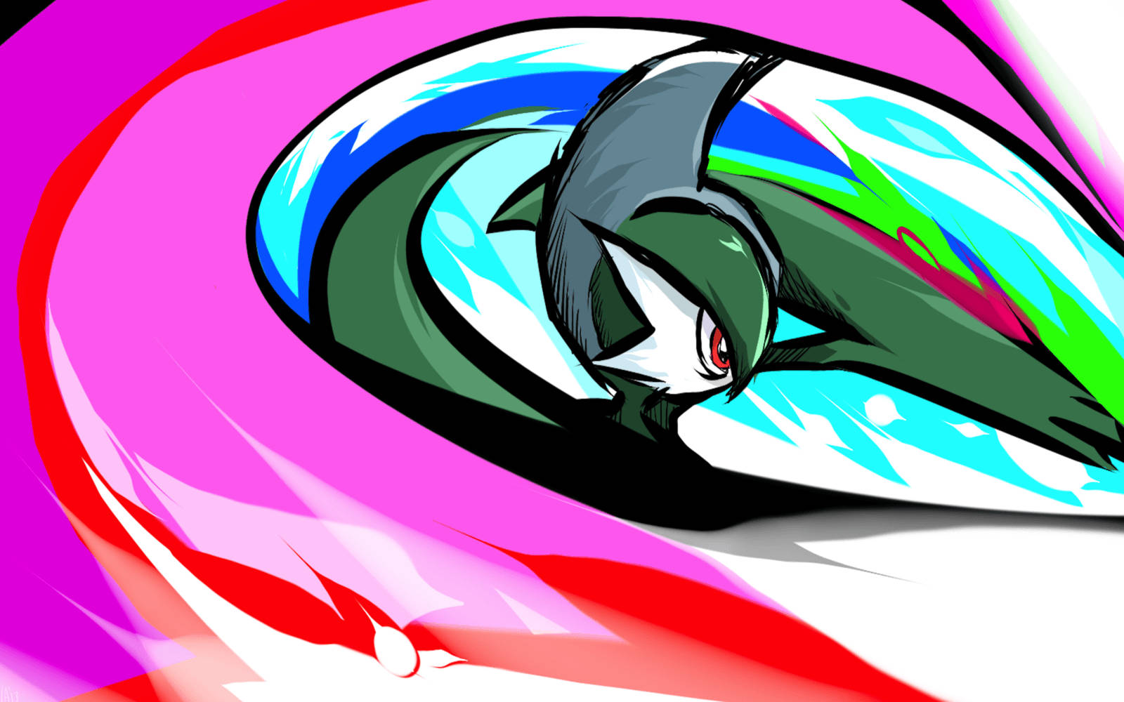 Gallade, green hair, red eyes, HD Desktop Wallpaper