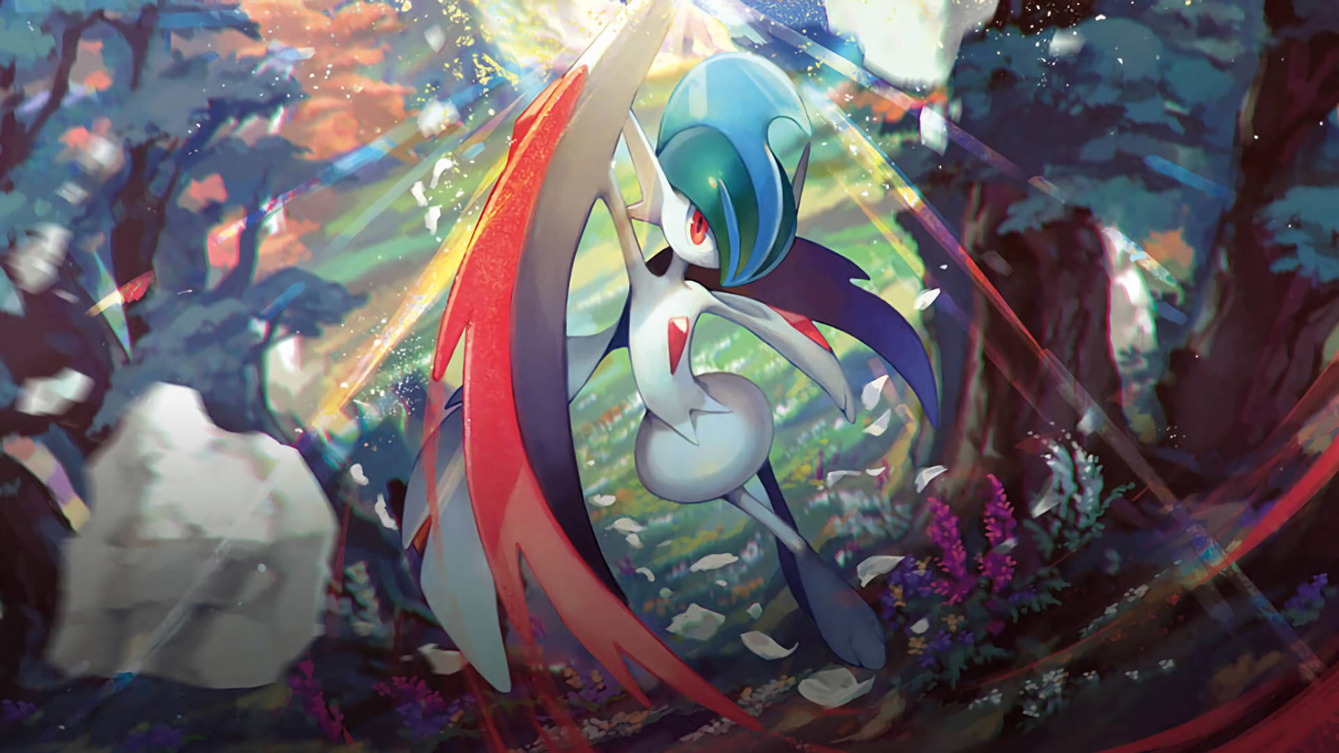 Gallade, blue hair, red wings, Full HD Desktop Wallpaper
