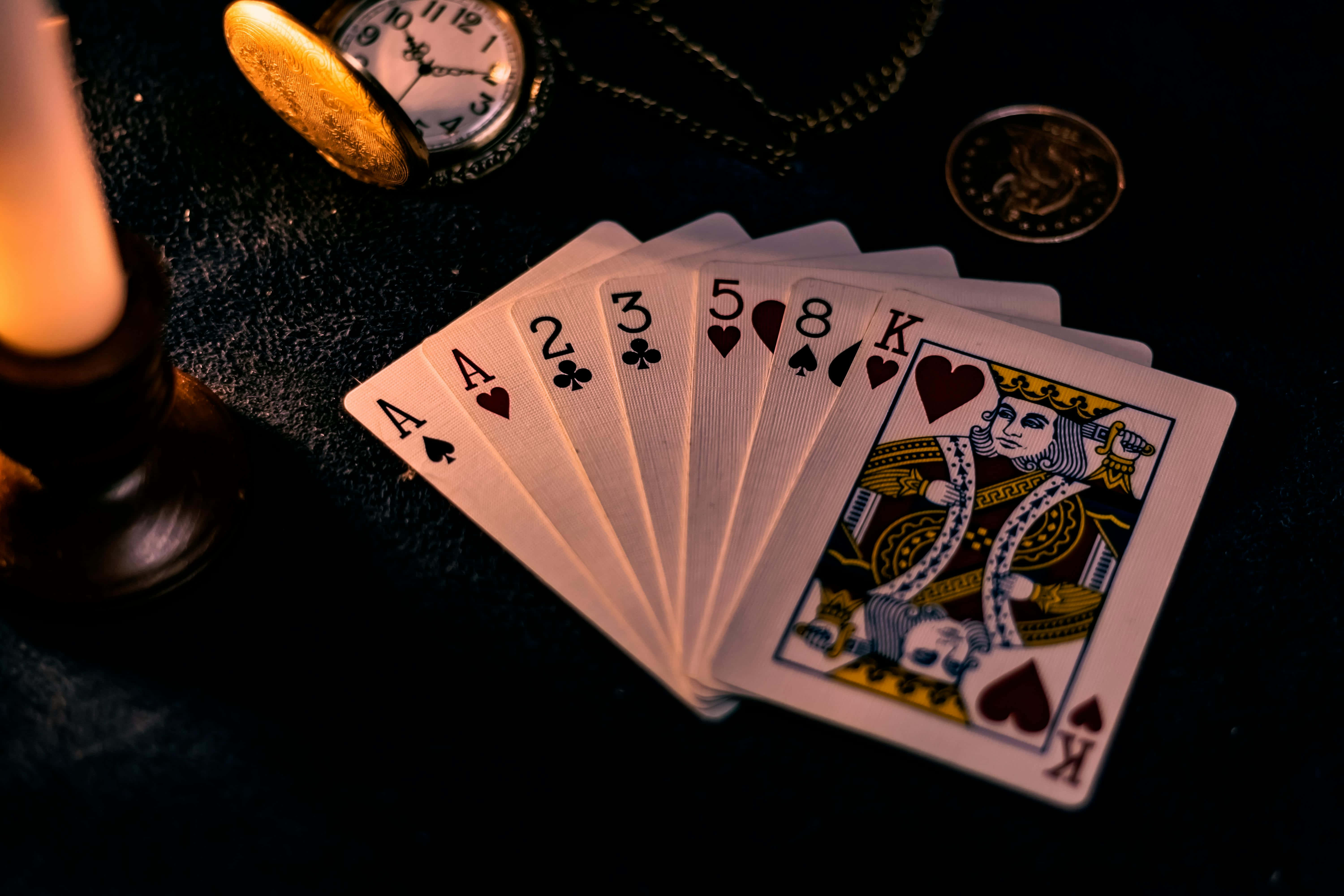 playing cards, ace two three five eight and king of hearts, lit candle pocket watch, 5K Desktop Wallpaper