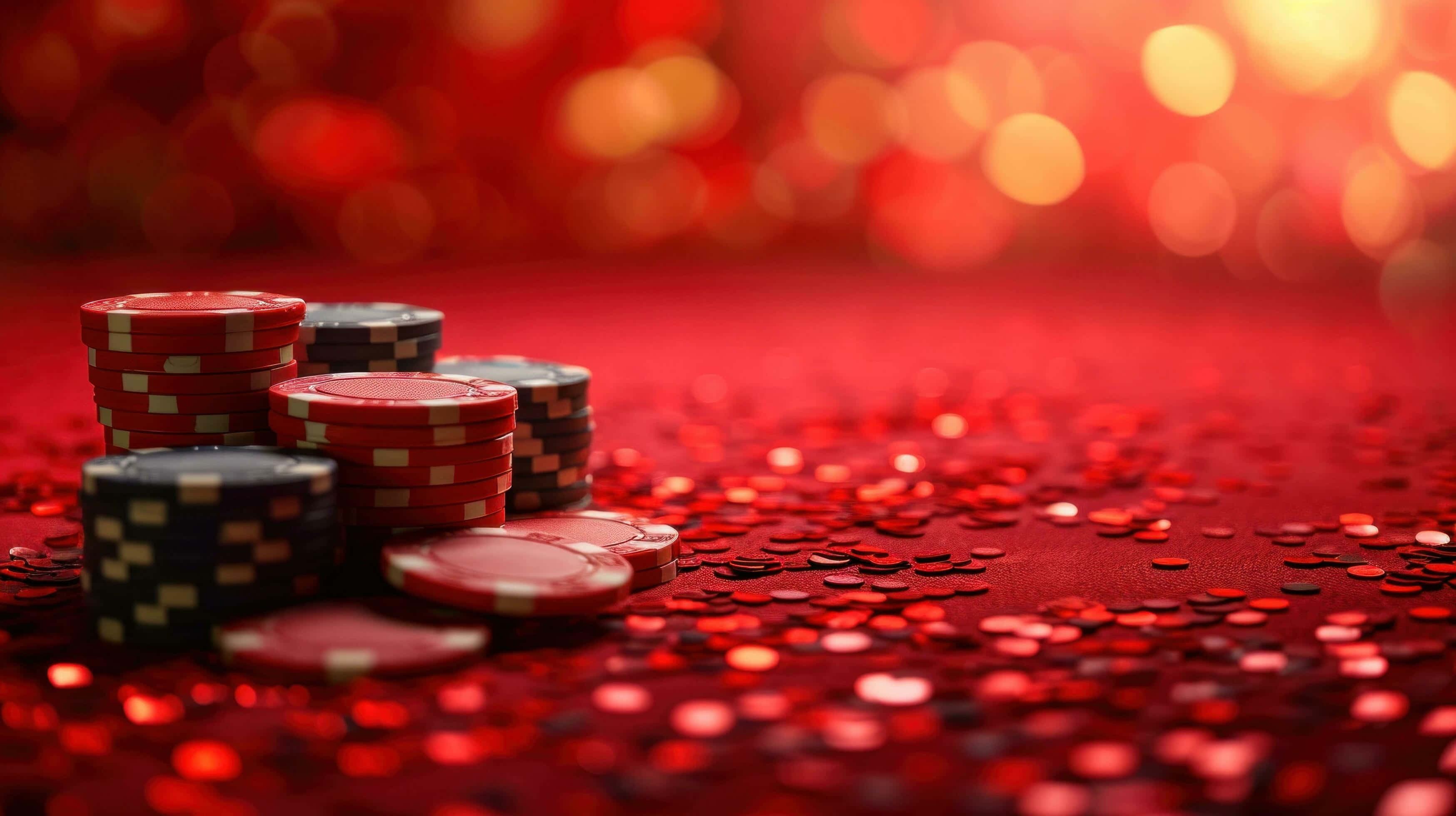 casino chips, red glowing backdrop, glittering red surface, 2K Desktop Wallpaper