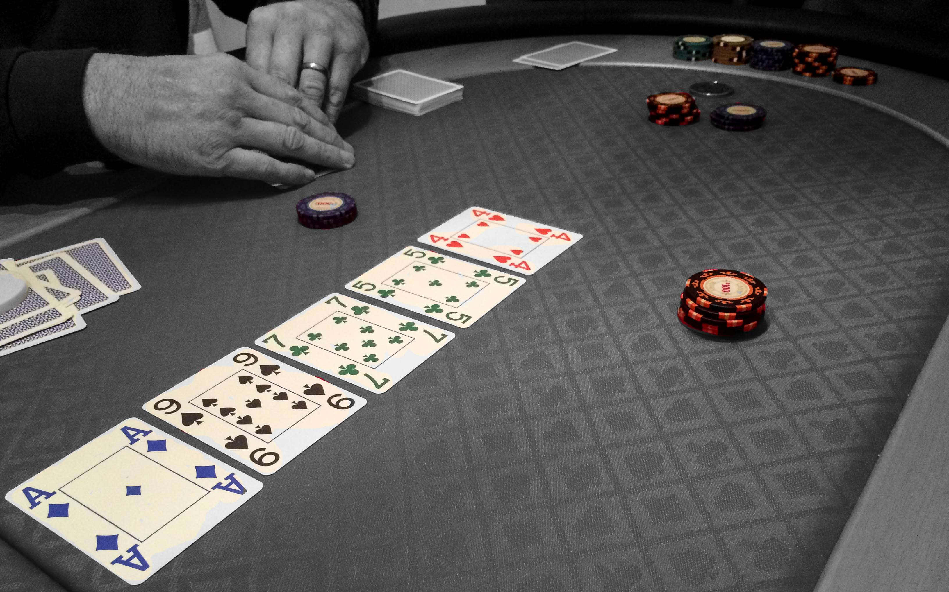 poker table, hands dealing cards, colorful chips, 2K Desktop Wallpaper