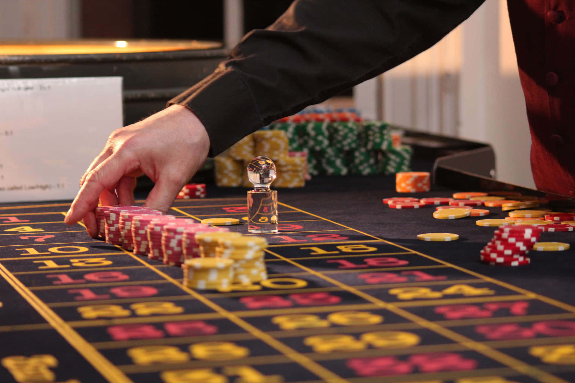 roulette table, red poker chips, yellow poker chips, Full HD Desktop Wallpaper