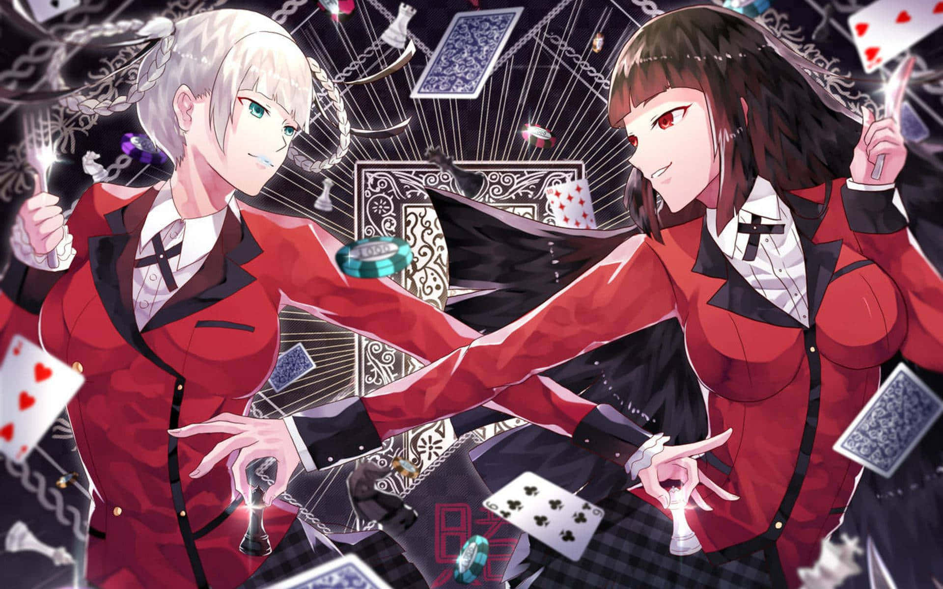 anime gambling duel, red suits, floating playing cards, Full HD Desktop Wallpaper