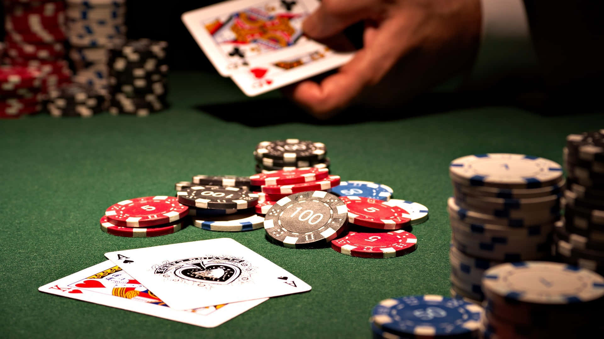 poker hand reveal, green felt table, red blue and white poker chips, Full HD Desktop Wallpaper