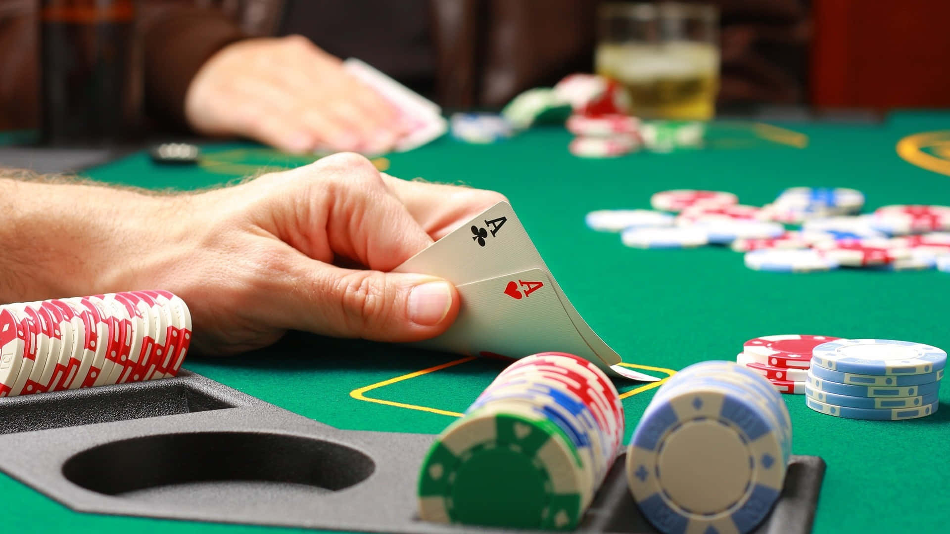 poker hand, two aces, green casino table, Full HD Desktop Wallpaper