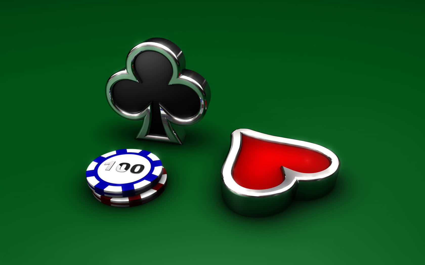 shiny chrome playing card suits, poker chip, vibrant green felt surface, HD Desktop Wallpaper