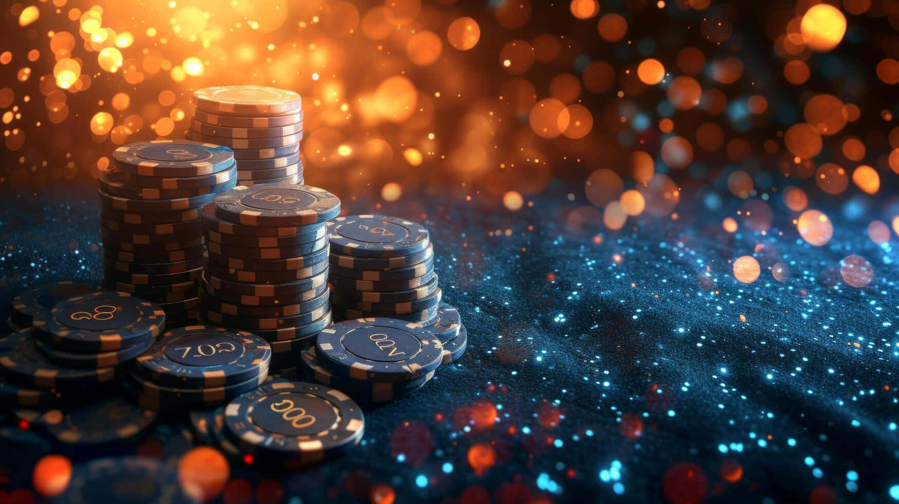 blue poker chips, black poker chips, warm golden bokeh lights, HD Desktop Wallpaper