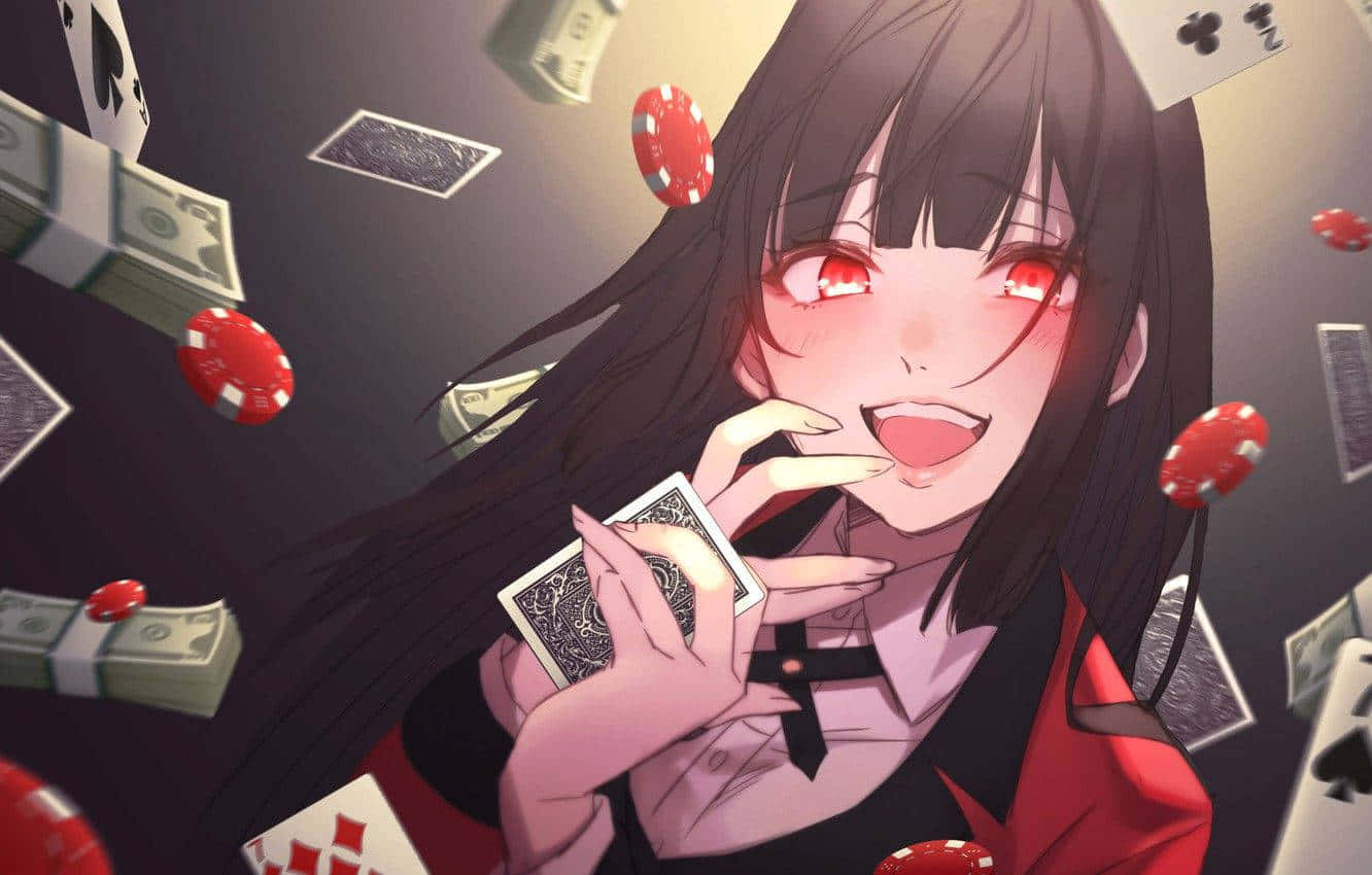 anime girl, red eyes, playing cards, HD Desktop Wallpaper